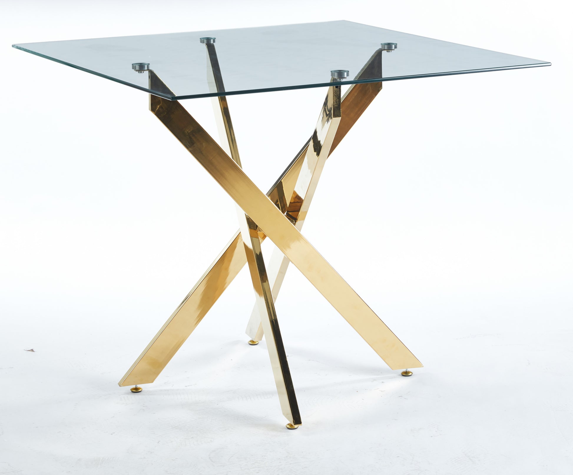 Dining Table With Cross Metal Leg And Tempered Glass,Modern Space Saving Kitchen Table For Living Room,Chrome Legs,Square Table,Golden Legs,90X90X75Cm Golden Glass Metal