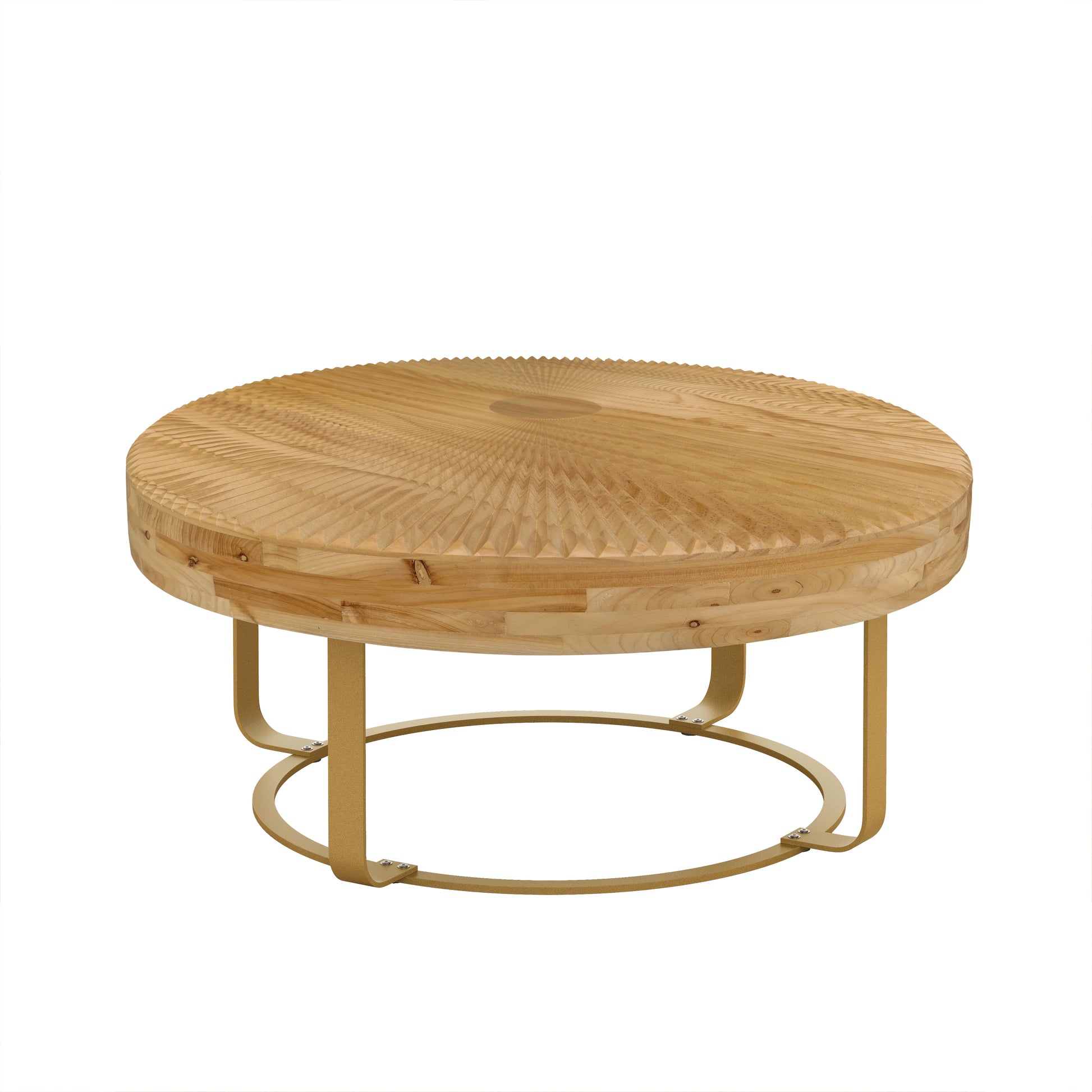 Modern Round Coffee Table Wooden Carving Pattern Coffee Table With Metal Legs For Living Room Reception Room Office Golden Natural Gold Pine