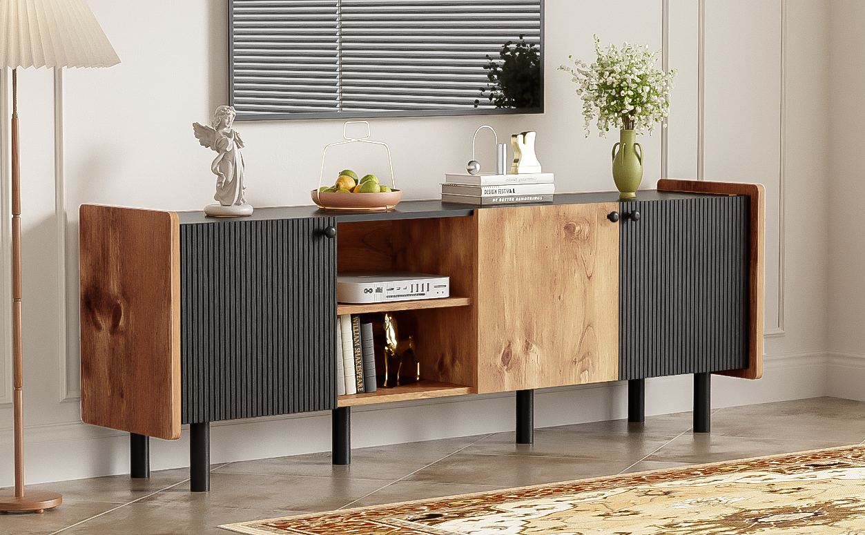 Mid Century Tv Stand With 3 Cabinets, Media Console Table For Tvs Up To 70'', Entertainment Center With Storage For Living Room, Bedroom, Home Theatre Black Brown Primary Living Space 60 69 Inches