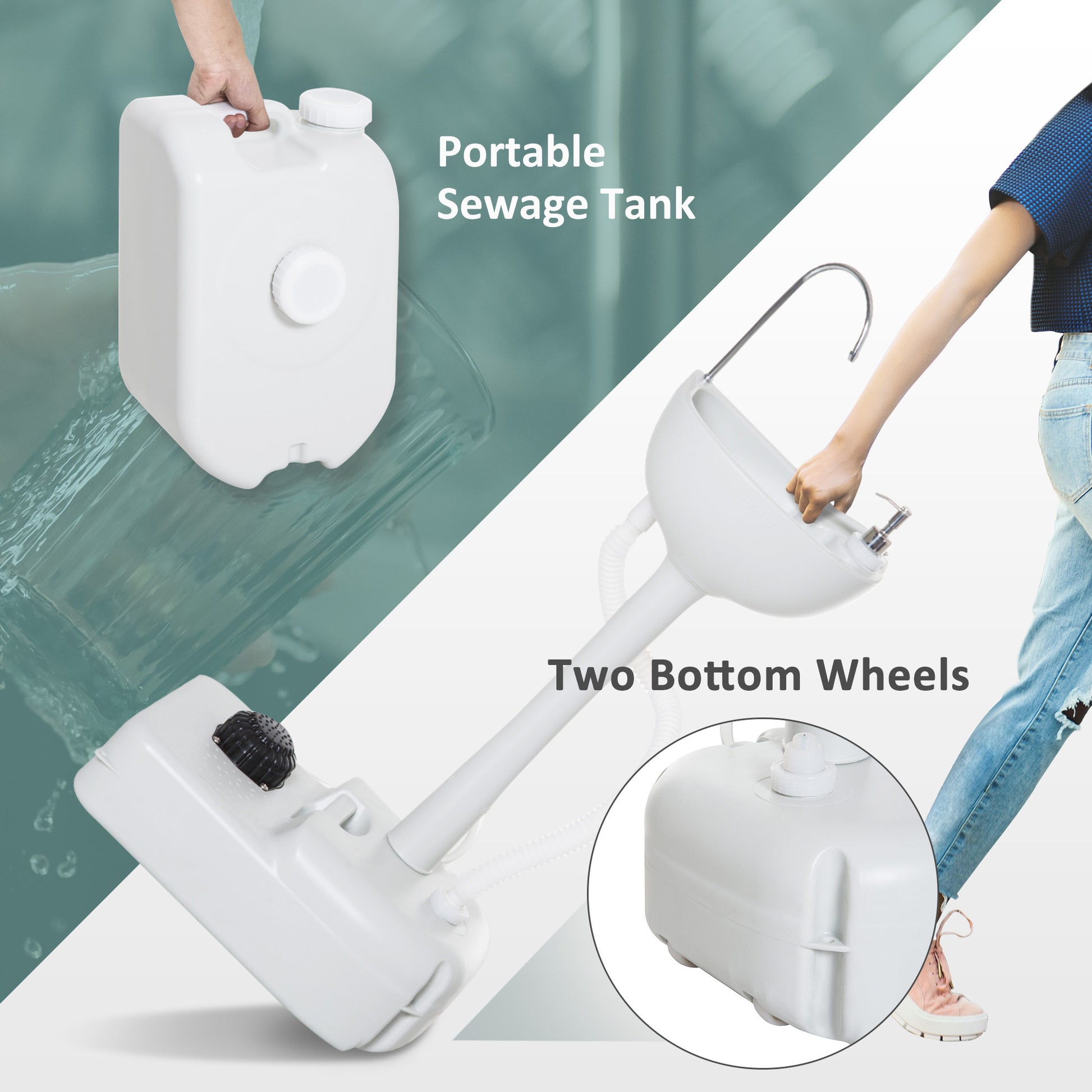 Kleankin Portable Camping Sink, Handwashing Station Basin With 4.5 Gallon Tank, 6.3 Gallon Recovery Tank, Rolling Wheels & Soap Dispenser For Rv, Outdoor Events, Gatherings, Hdpe, White Grey Plastic