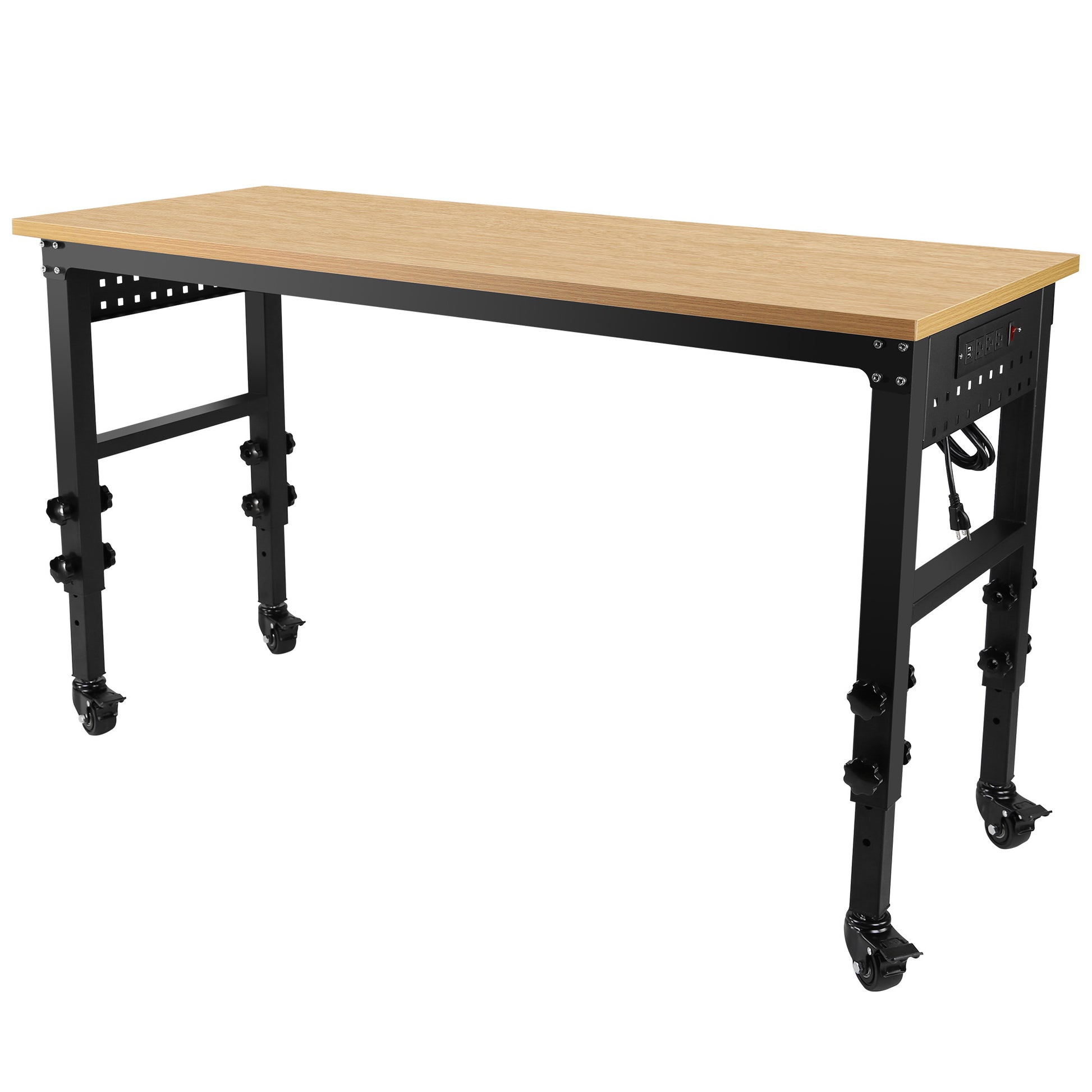 60" 24'' Adjustable Workbench, Rolling Heavy Duty Worktable With Power Outlet And Wheels, Large Load Capacity Rubber Wood Top Workbench For Garage, Office, Workshop, Home, Easy Assembly Black Steel