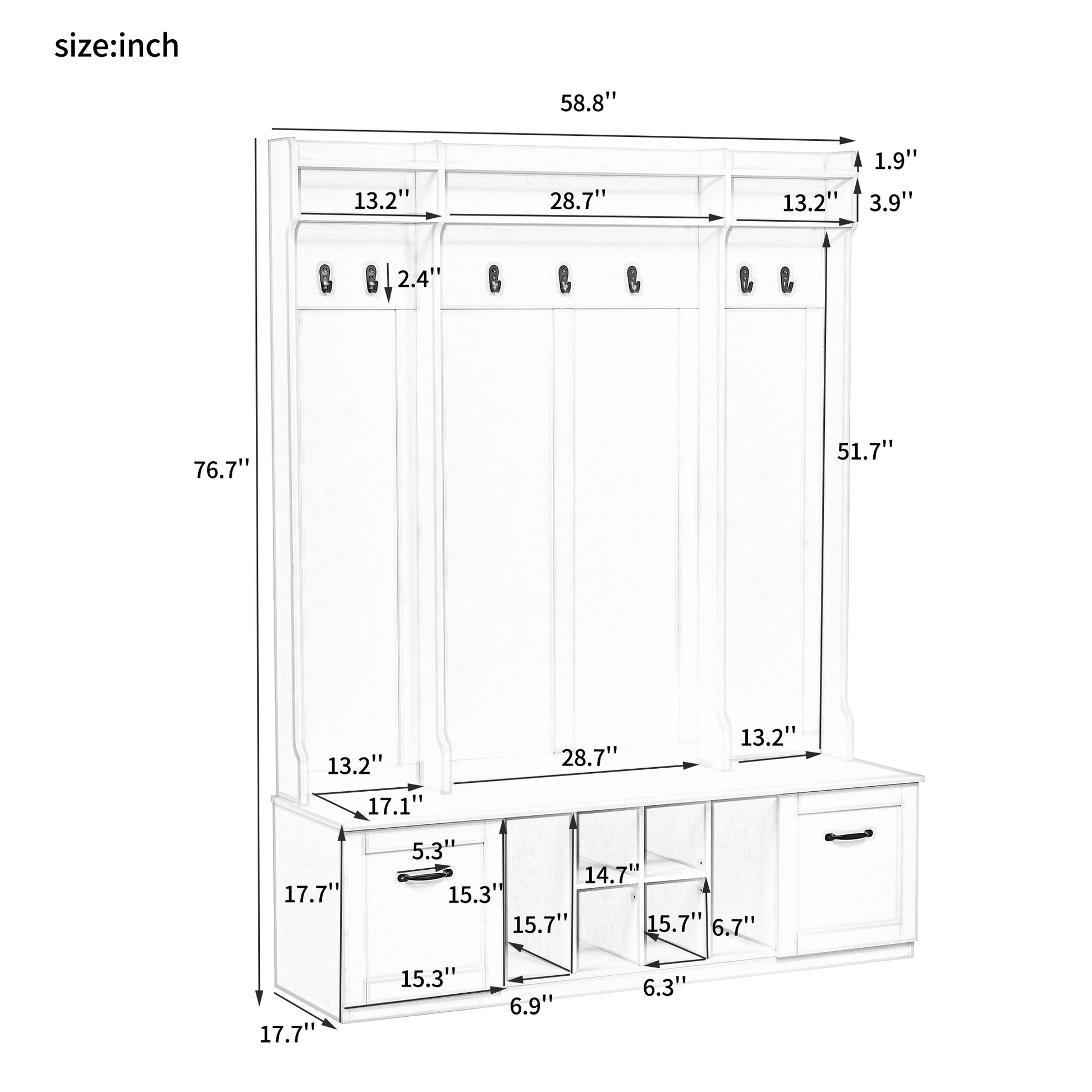 5 In 1 Entryway Bench With Coat Rack, 7 Sturdy Hooks, 2 Spacious Drawers And Adjustable Shelves, 58.8'' Wide Hall Tree With Metal Handles For Hallway, Entryway, Living Room Brown White Mdf