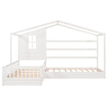 Wood House Bed Twin Size, 2 Twin Solid Bed L Structure With Fence And Slatted Frame, White Twin White Plywood