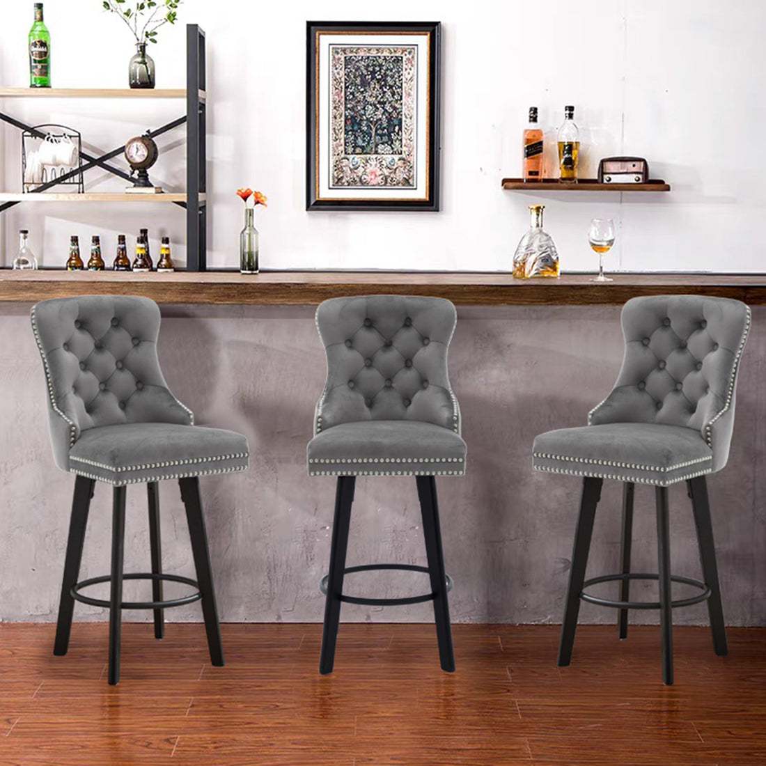 Modern Swivel Bar Stools Velvet Barstools Button Tufted Bar Stools Rivet Trim Bar Stools For Kitchen Island,Bistro, With Metal Pull Ring Sturdy Footrest Large Backrest For Home Bar,Dark Gray 3 Dark