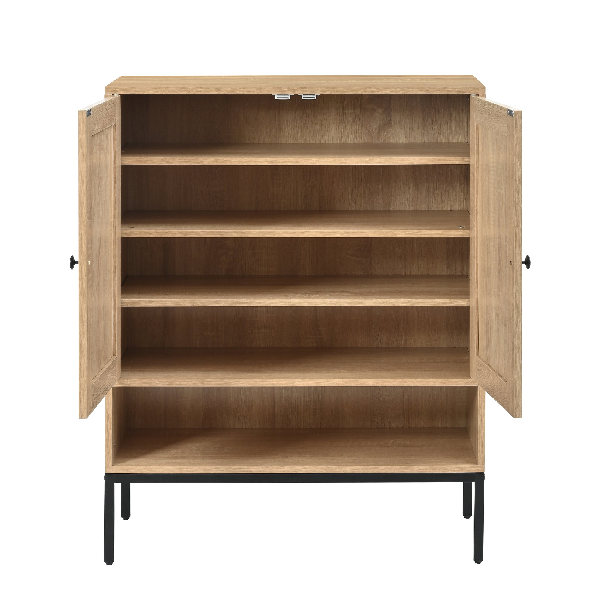 Rattan Shoe Cabinet With Adjustable Shelves, 5 Tier Shoe Storage Cabinet With Doors & Bottom Cubby, Wooden Shoes Rack Organizer For Entryway, Natural Natural Wood Mdf Metal