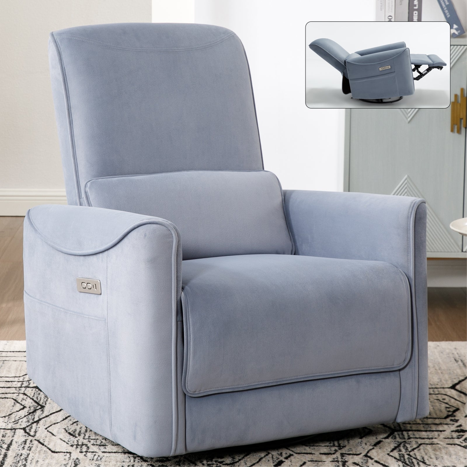 Blue Swivel And Rocker Power Recliner Chair, Heavy Duty Motion Mechanism With Usb And Type C Ports Blue Polyester Power Push Button Metal Primary Living Space Medium Firm Tight Back Heavy Duty American Design Pine Square Arms Fiber Foam And Polyester