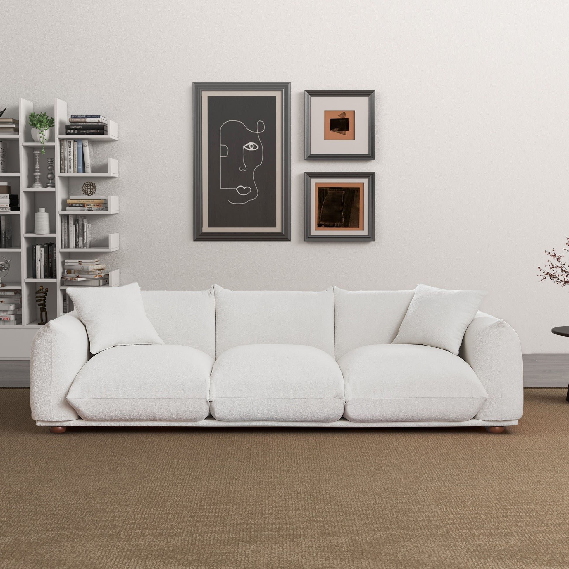 Kely 100'' Cream Boucle Upholstered Sofa Cream,White Brown Wood Primary Living Space Tight Back Mid Century Modern Foam Boucle,Solid Wood 3 Seat