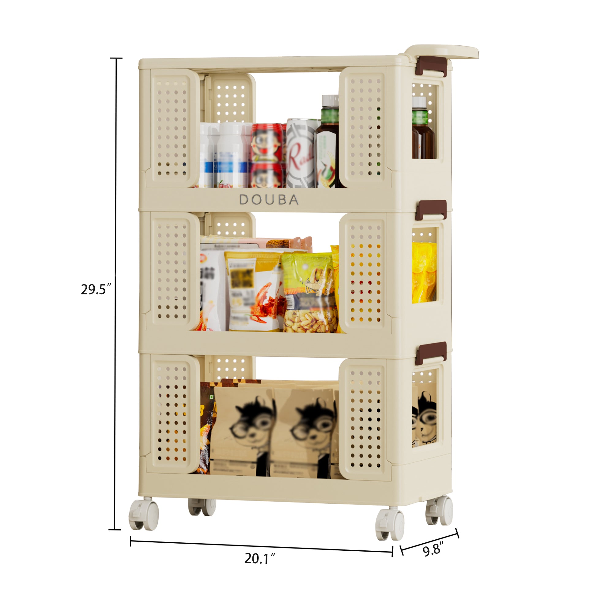 3 Tier Kitchen Storage Cart,Multifunction Utility Rolling Storage Organizer,Mobile Shelving Unit Cart With Lockable Wheels For Bathroom,Laundry,Living Room, Beige Cream Color Kitchen American Design Polypropylene