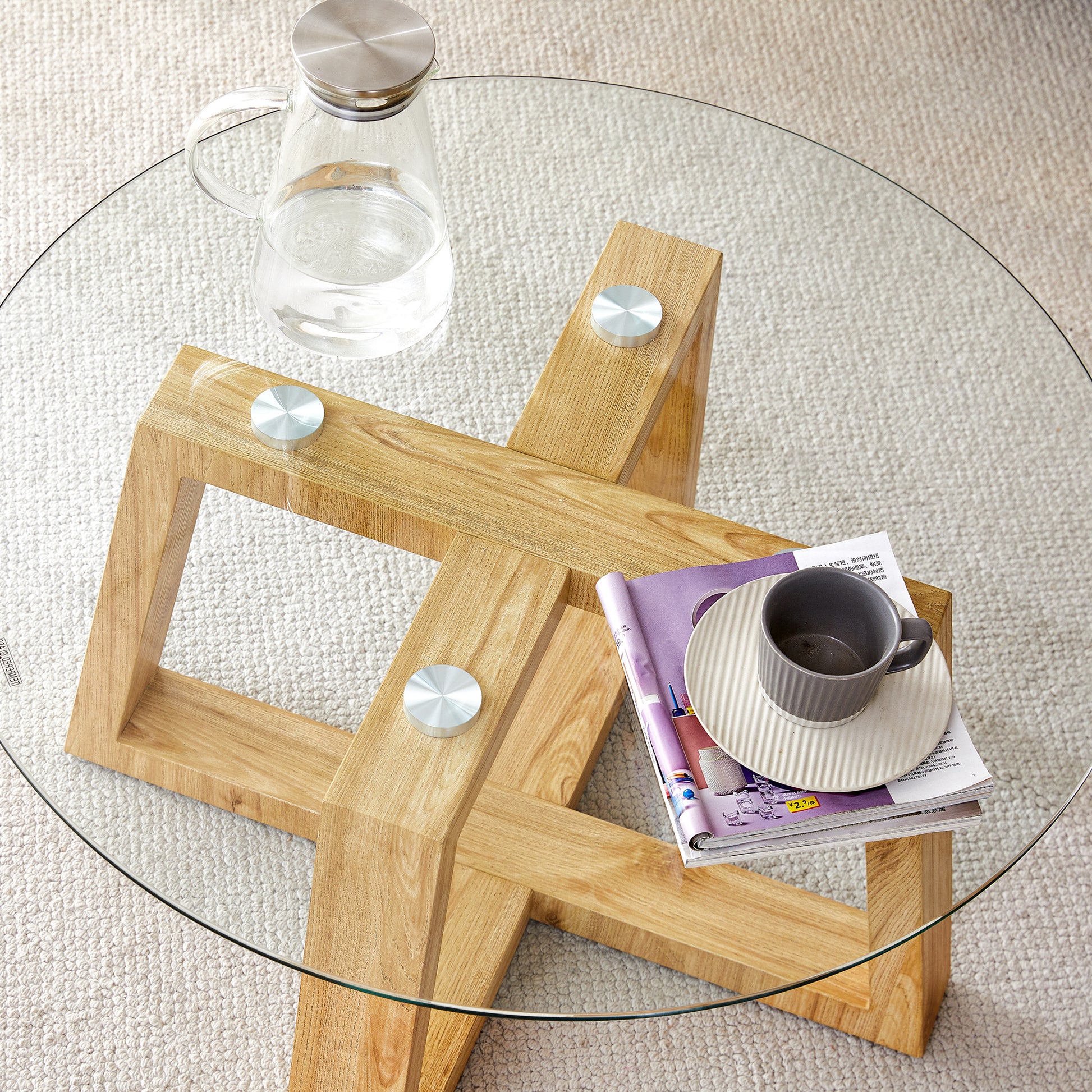 Modern Practical Circular Coffee Tables. Made Of Transparent Tempered Glass Tabletop And Wood Colored Mdf Material. Suitable For Living Rooms And Bedrooms.31.5"*31.5"*17.7" Transparent Glass