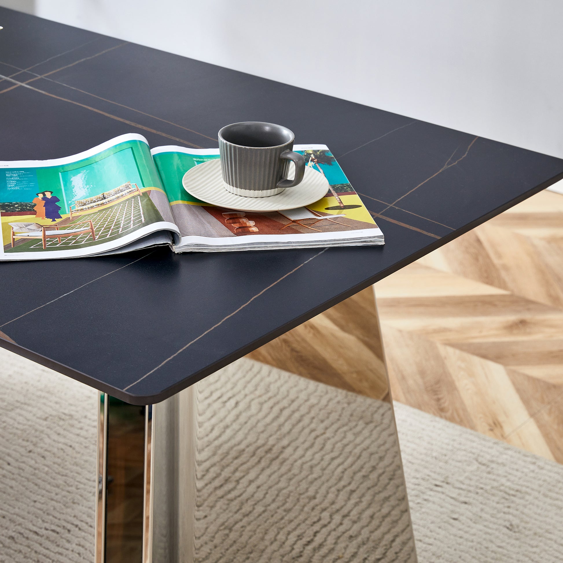 Table And Chair Set.63"X31.5X30" Black Marble Patterned Slabs Tabletop With Stainless Steel Butterfly Legs.Paired With 4 White Pu Dining Chairs With A Vertical Stripe Design On The Backrest. White