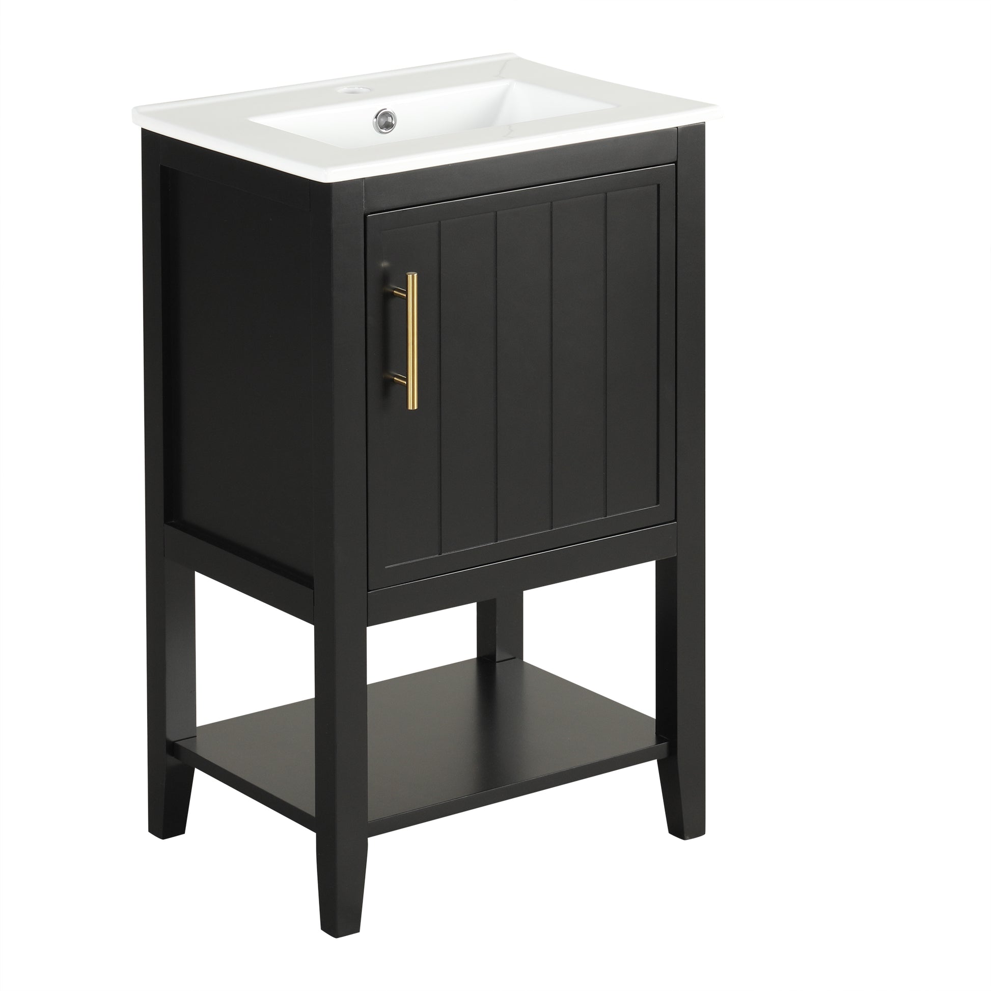 20" Bathroom Vanity With Sink, Bathroom Cabinet With Soft Closing Door, Storage Rack And Open Shelf, Black Black Solid Wood Mdf