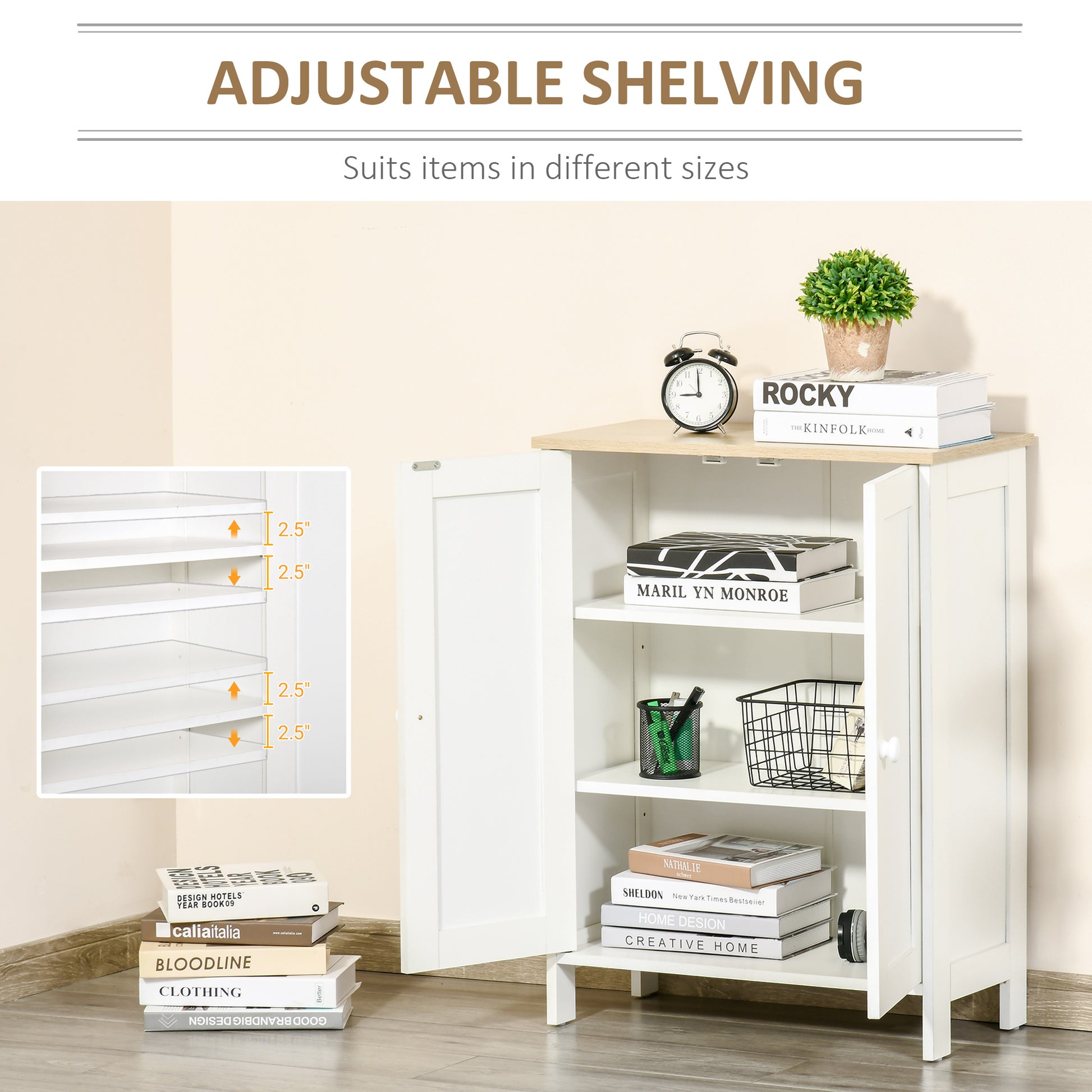 Homcom Storage Cabinet, Double Door Cupboard With 2 Adjustable Shelves, For Living Room, Bedroom, Or Hallway, White White Particle Board