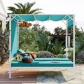 Outdoor Patio Sunbed Daybed With Cushions, Adjustable Seats Blue Steel