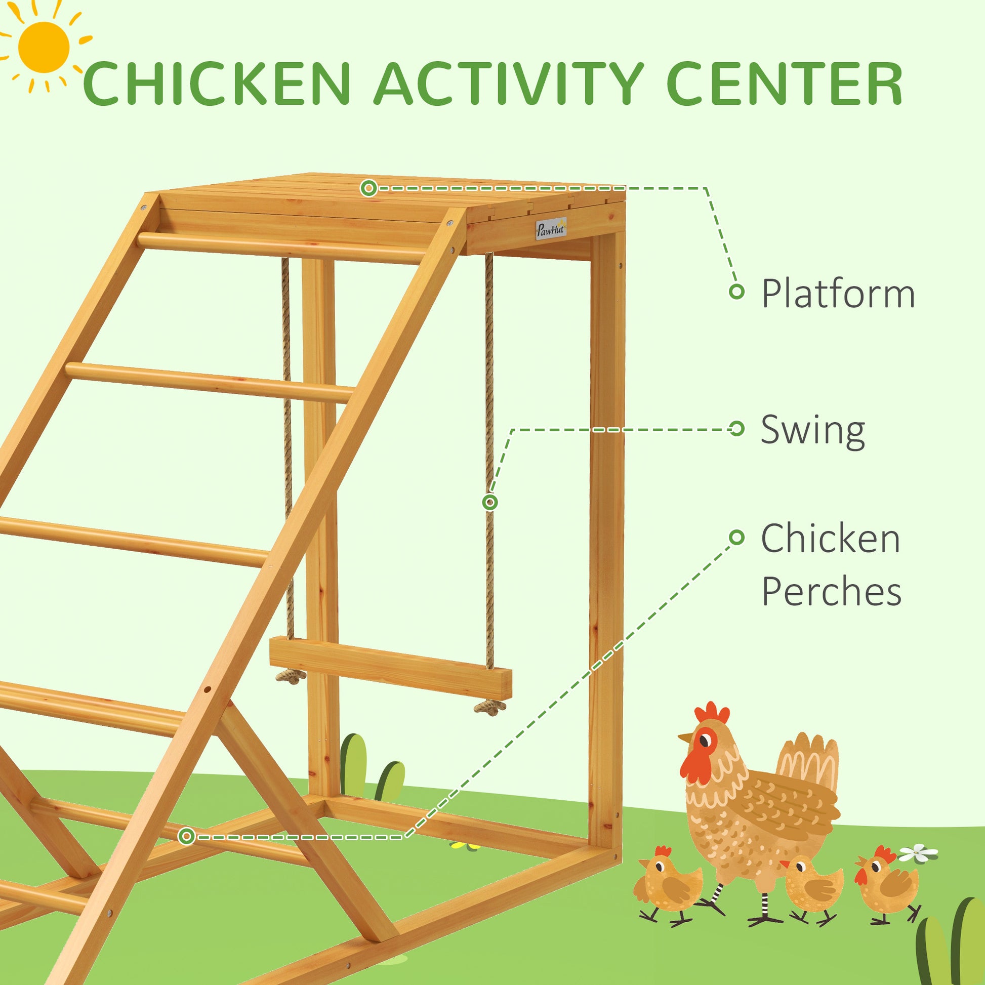 Pawhut Chicken Activity Play For Healthy & Happy Animals, Swing Set With Chicken Perches & Hen Ladder, Chicken Coop Toy, Yellow Yellow Wood