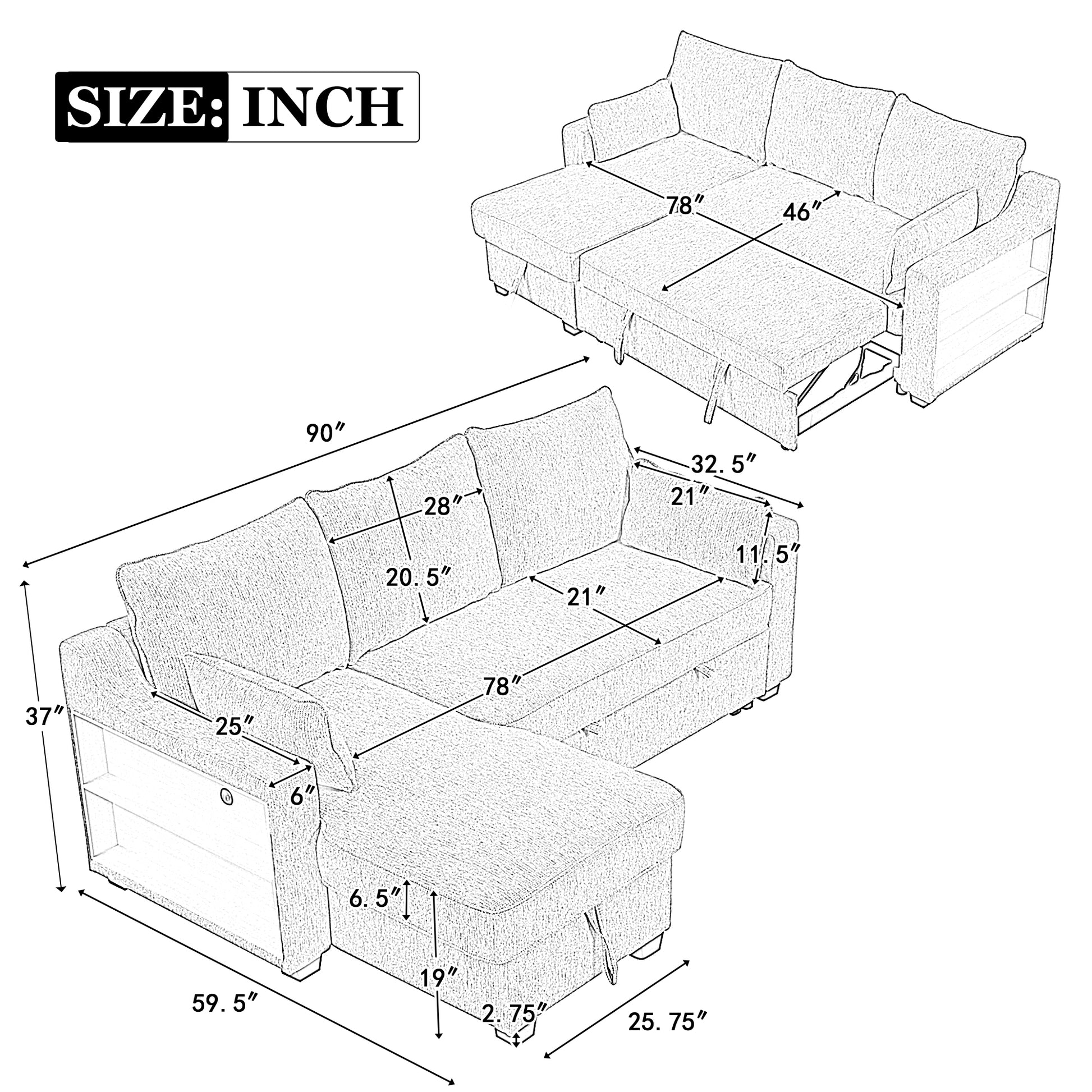 90" Pull Out Sleeper Sofa L Shaped Couch Convertible Sofa Bed With Storage Chaise, Storage Racks And Usb Ports, Light Grey Light Grey Foam Polyester 3 Seat