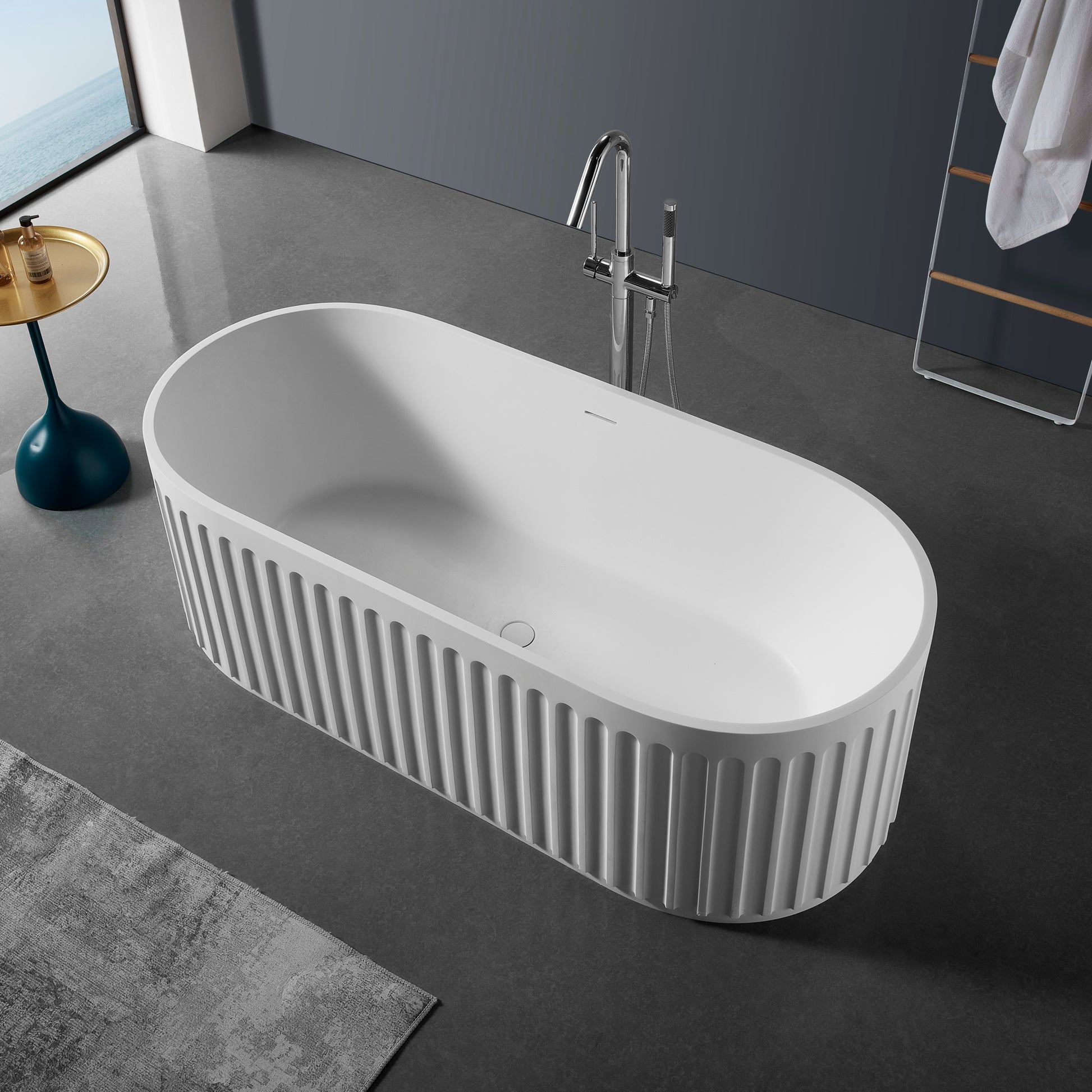 67" Freestanding Solid Surface Bathtub, Luxury Engineered Stone Resin Freestanding Soaking Bathtub With Overflow And Pop Up Drain Cupc Certified, Matte White 23S13 67 White Solid Surface