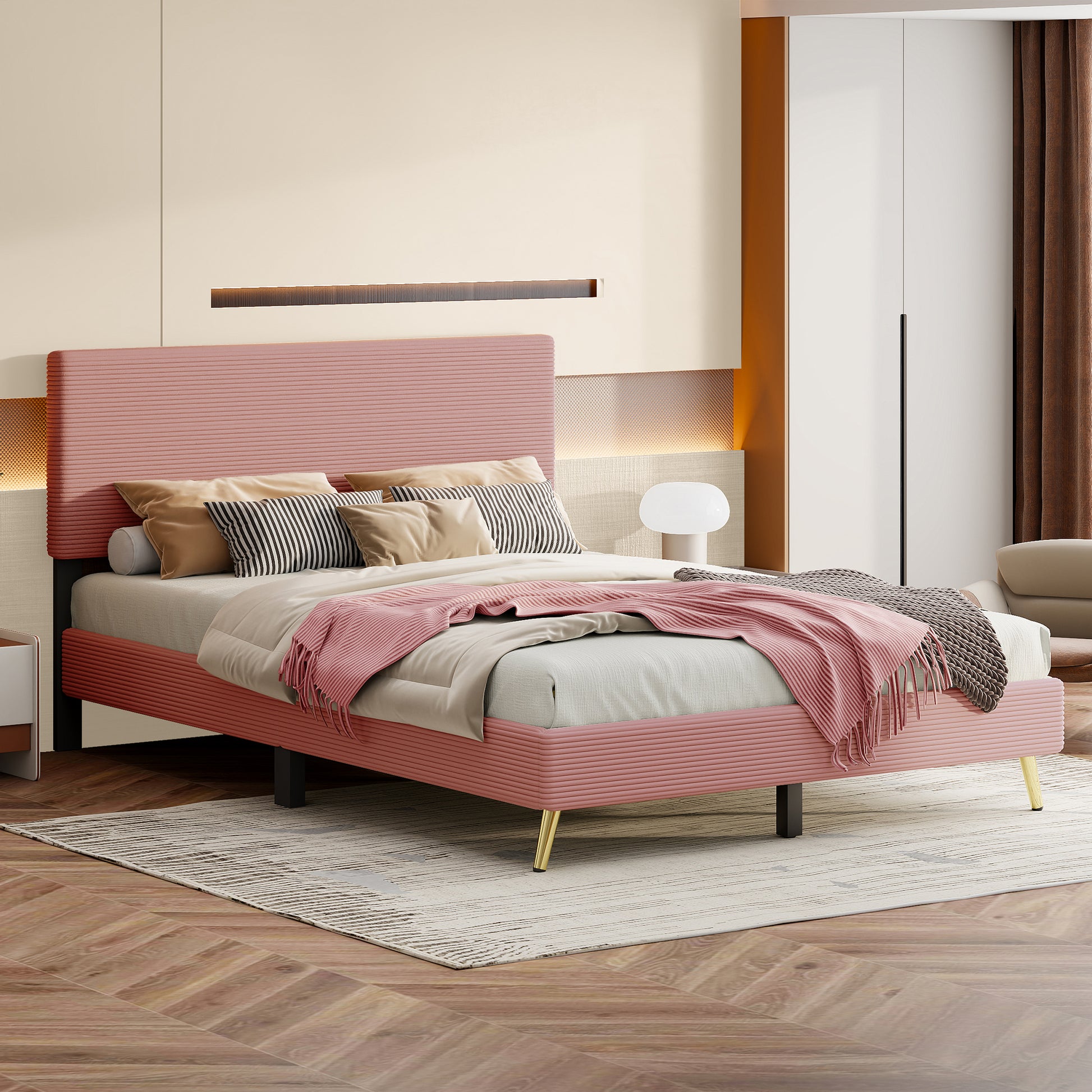 Queen Size Corduroy Upholstered Bed Frame, Platform Bed With Horizontal Stripe Headboard, No Box Spring Needed, Pink Queen Pink Bed Frame Solid Wood Mdf