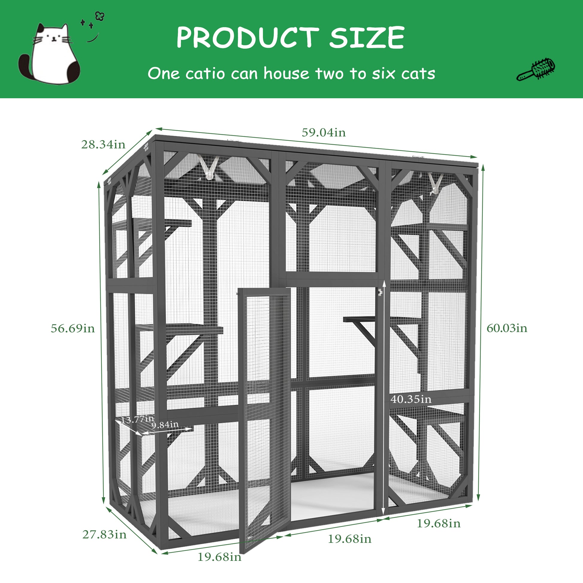 Catio Outdoor Cat Enclosure Cat House Wooden Cat Cage Large Feral Cat Shelter For Mulitiple Cats With Six Platforms, Large Enter Door, Waterproof Roof 60" Grey Gray Pet Barrier Wood