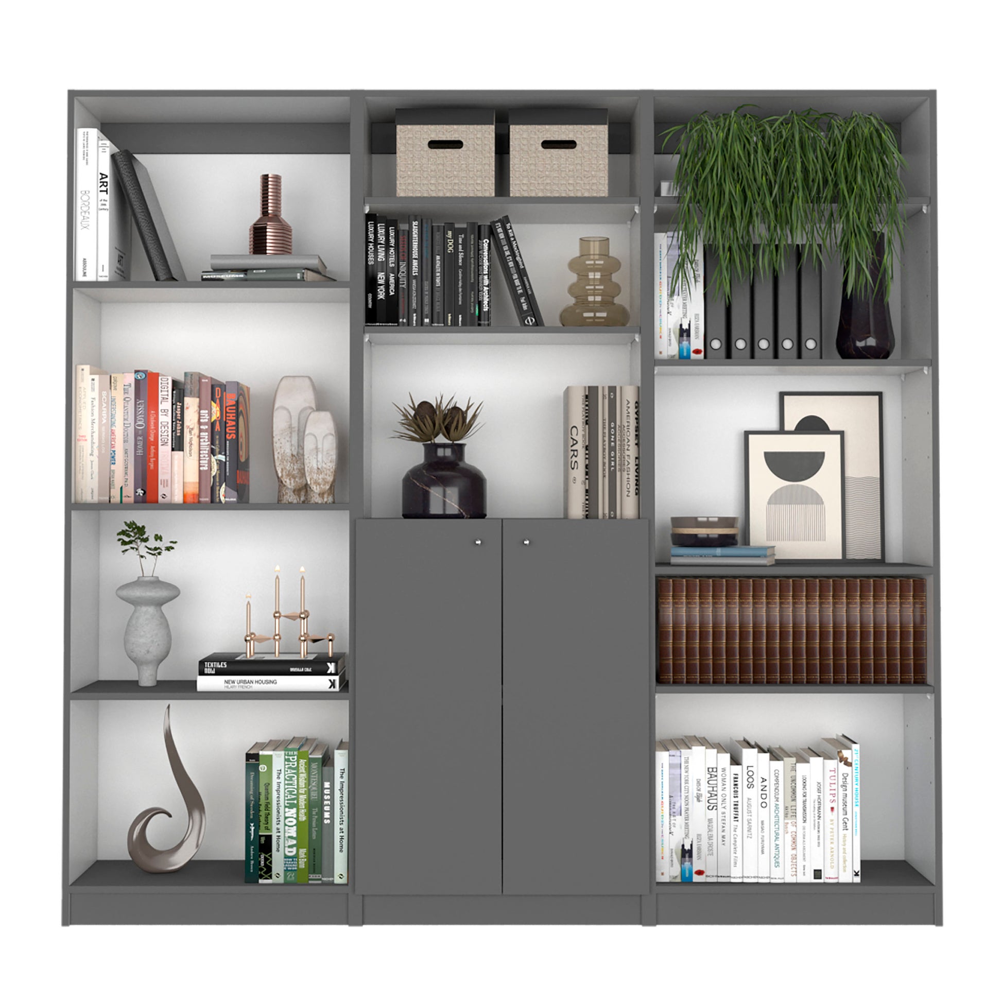 Aynor 3 Piece Home Bookcase Set, 74" Wide With 12 Shelves And 2 Door Cabinetliving Room Set Matt Gray White Freestanding 5 Or More Shelves Matte Dark Gray White,Multicolor Gray Office Modern Particle Board