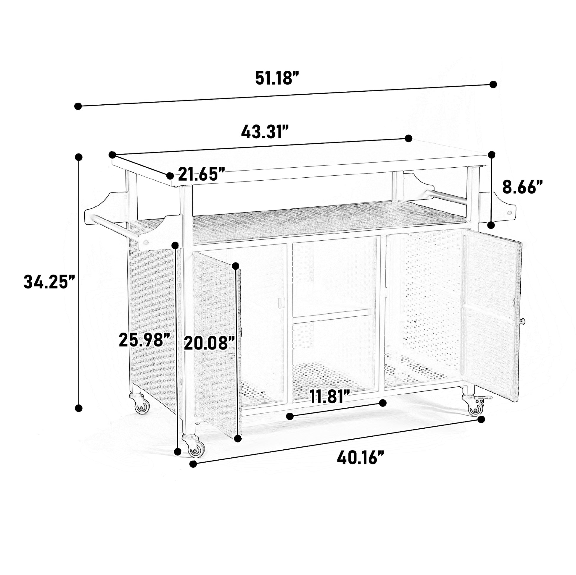 Large Bar Cart,Outdoor Kitchen Wicker Island Rolling Cart & Storage Cabinet, Wheels And Stainless Steel Extended Table Top, Side Handle For Patio Kitchen Or Bar Cart, Grey No Grey Garden & Outdoor