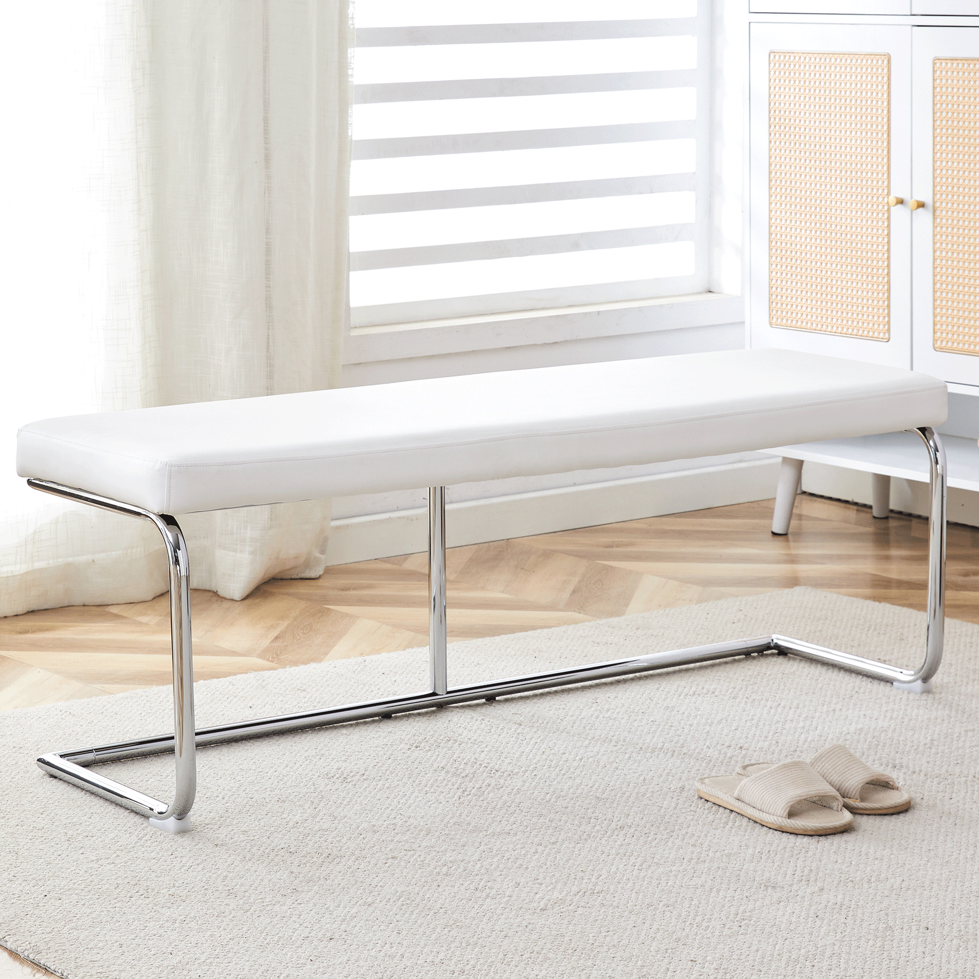 White Shoe Changing Stool, Silver Metal Legs, Sofa Stool Dining Chair, Suitable For Bedroom ,Fitting Room, Storage Room, Dining Room, Living Room. 005 White Pu