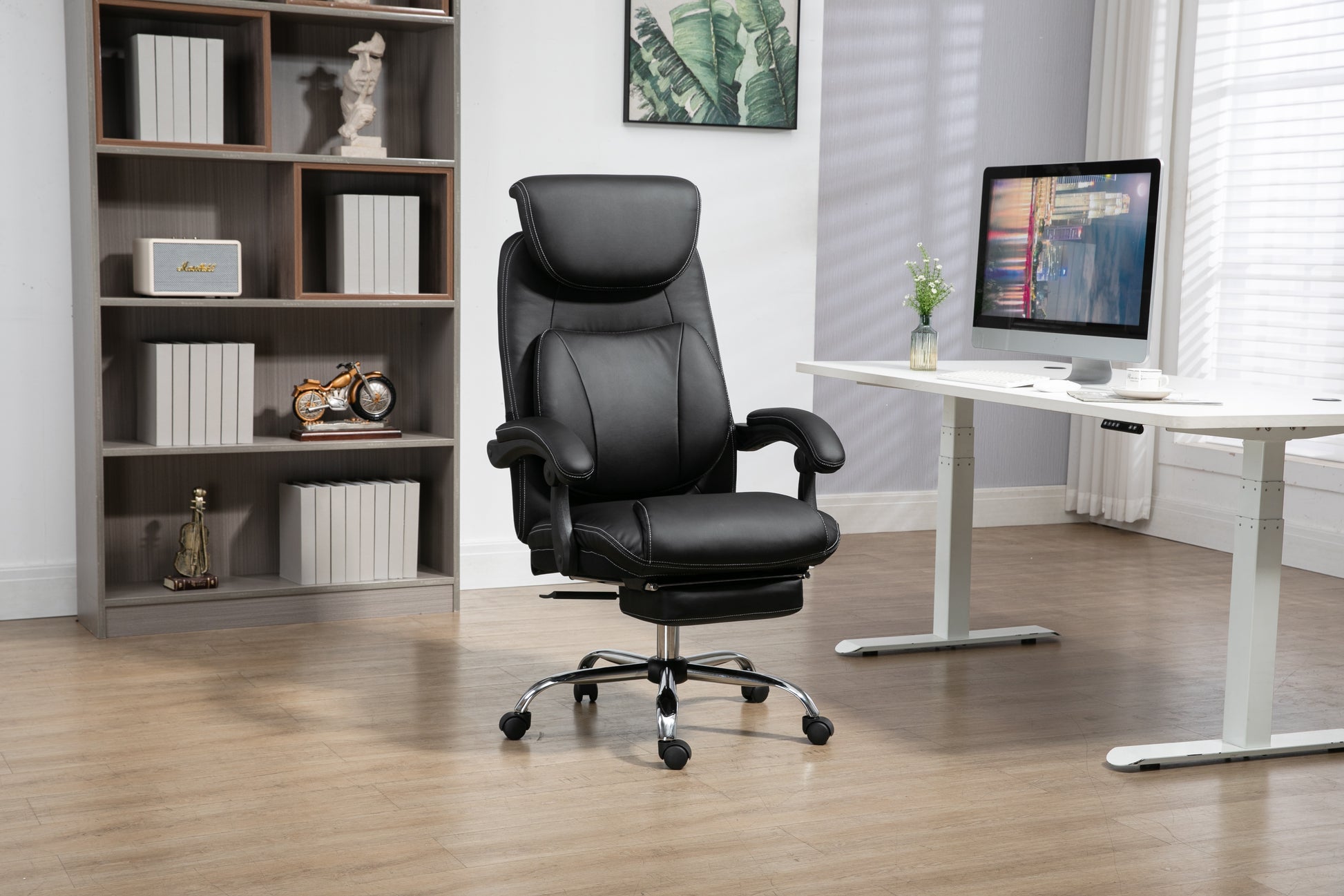 Big And Tall Office Chair, Pu Leather High Back Ergonomic Office Chair With Footrest, Executive Office Chair For Back Pain Relief, Black Office Chair Black Pu Iron