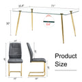 Table And Chair Set.Modern Rectangular Glass Dining Table With A Tempered Glass Tabletop And Metal Legs, Paired With Multiple Chairs Designed With Pu Cushions And Golden Metal Legs. Grey Gold Seats 8 Tempered Glass