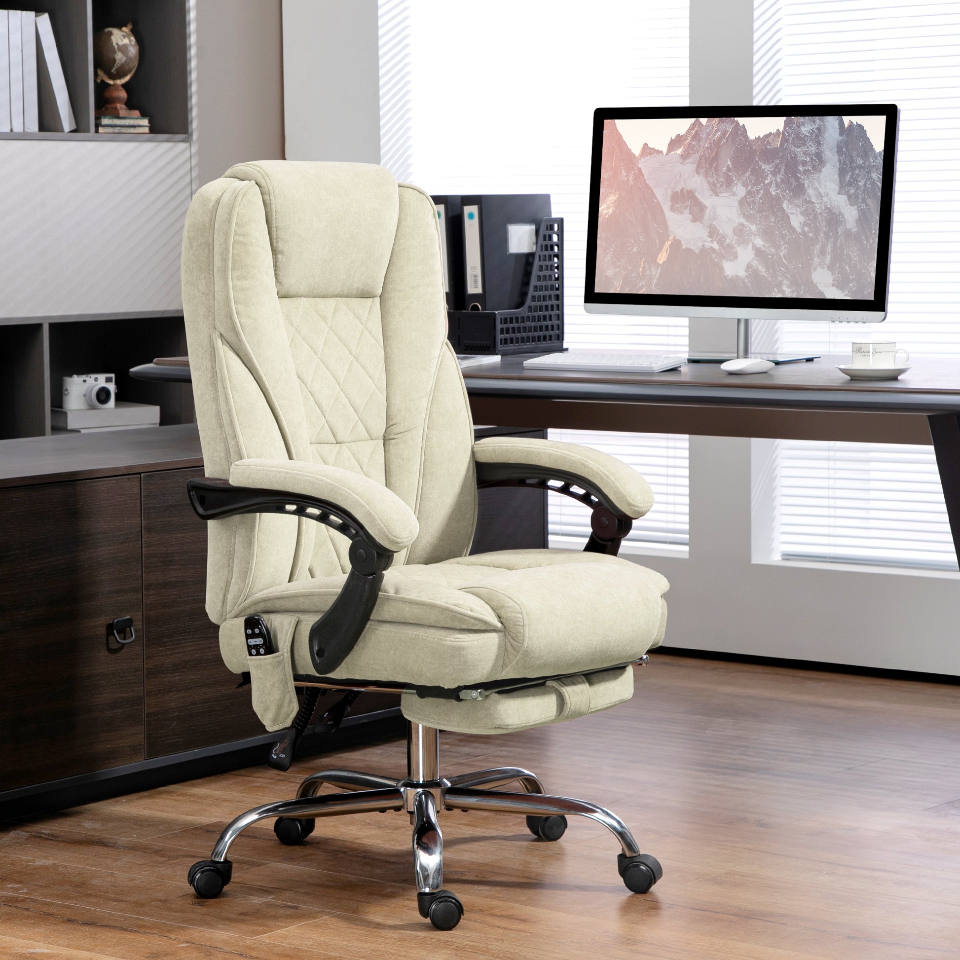 Vinsetto Massage Office Chair With Foot Rest, Executive Office Chair With 6 Vibration Point And Heat, Reclining Computer Chair, Swivel Desk Chair, Adjustable Height, Beige Beige Polyester