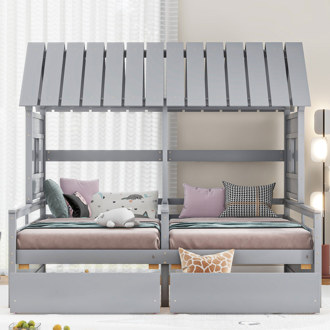 Twin Size House Platform Beds With Two Drawers For Boy And Girl Shared Beds, Combination Of 2 Side By Side Twin Size Beds, Gray Twin Gray Solid Wood Mdf