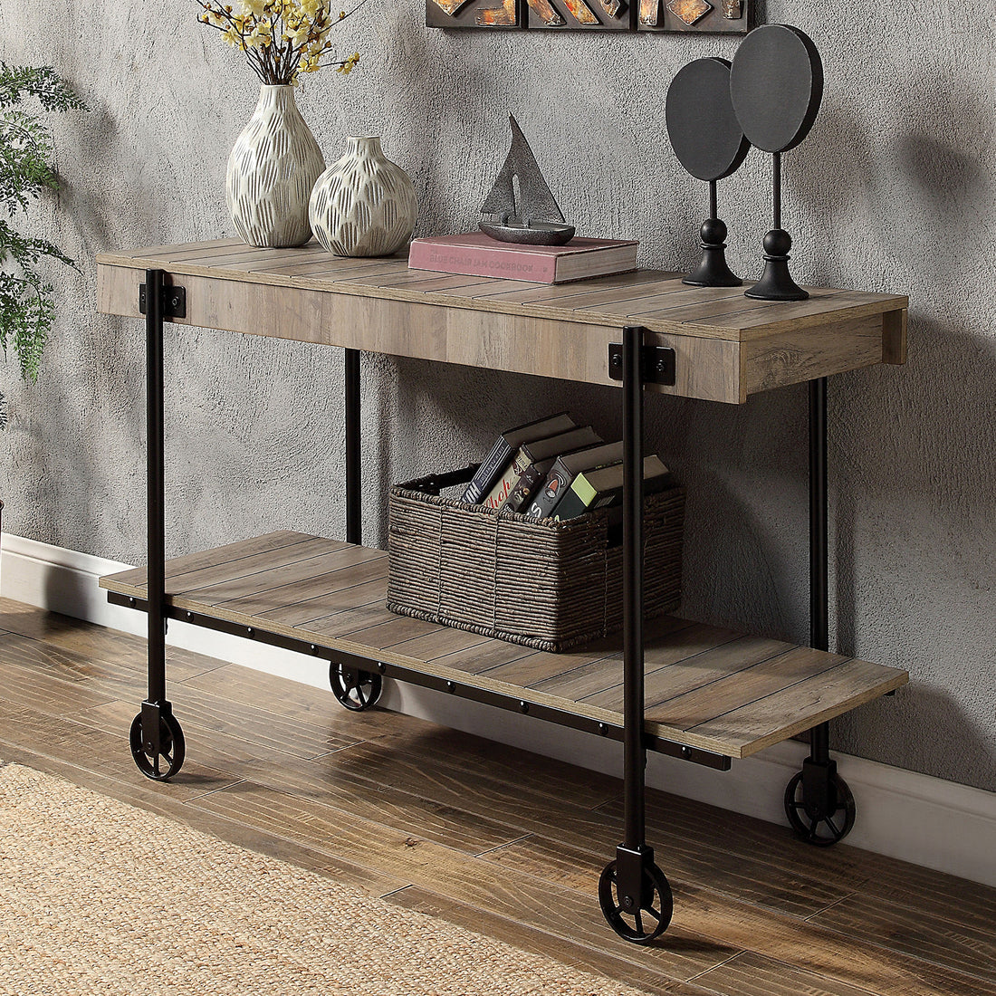 Industrial Style 1Pc Sofa Table Natural Tone Slat Design Console Table Open Bottom Shelf Living Room Furniture Black Natural Primary Living Space Classic,Industrial,Modern,Transitional Console Tables Rectangular Steel