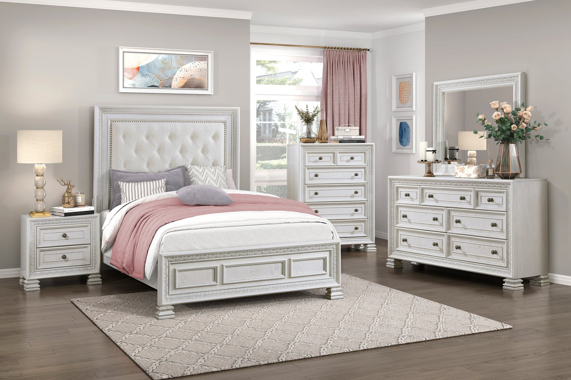 Classic Luxury Pearl White Finish Nightstand Of 2X Drawers Wooden Bedroom Furniture 1Pc, Dart Molding Design White 2 Drawers Wood