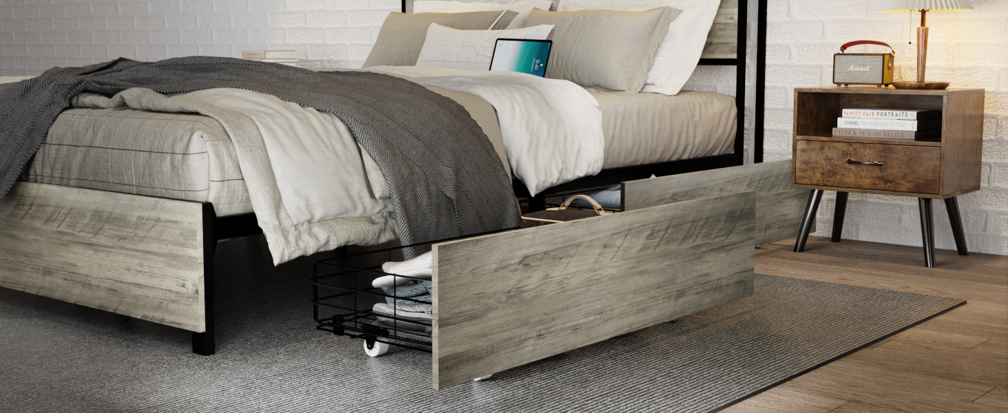 Queen Size Bed Frame With 4 Storage Drawers And 2 Usb Ports, Upholstered Platform Bed Frame With Storage Headboard Charging Station And Metal Slat Support, No Box Spring Needed, Dark Grey. Box Spring Not Required Queen Dark Grey Metal Bedroom Bed Frame