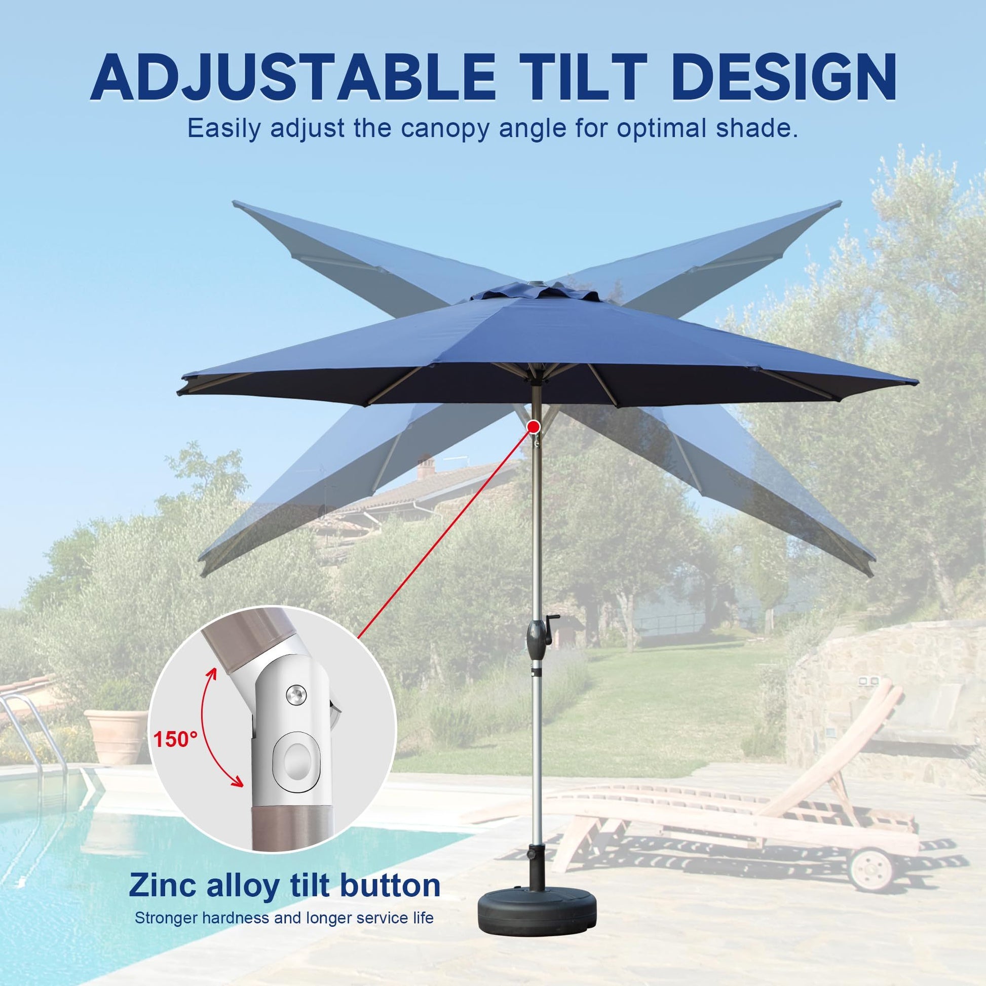 9Ft Patio Umbrella, Outdoor Table Umbrella With Push Button Tilt And Crank, Uv Protection Waterproof Market Sun Umbrella With 8 Sturdy Ribs For Garden, Deck, Backyard, Pool Navy Blue Navy Blue Round Uv Resistant Umbrellas Aluminium