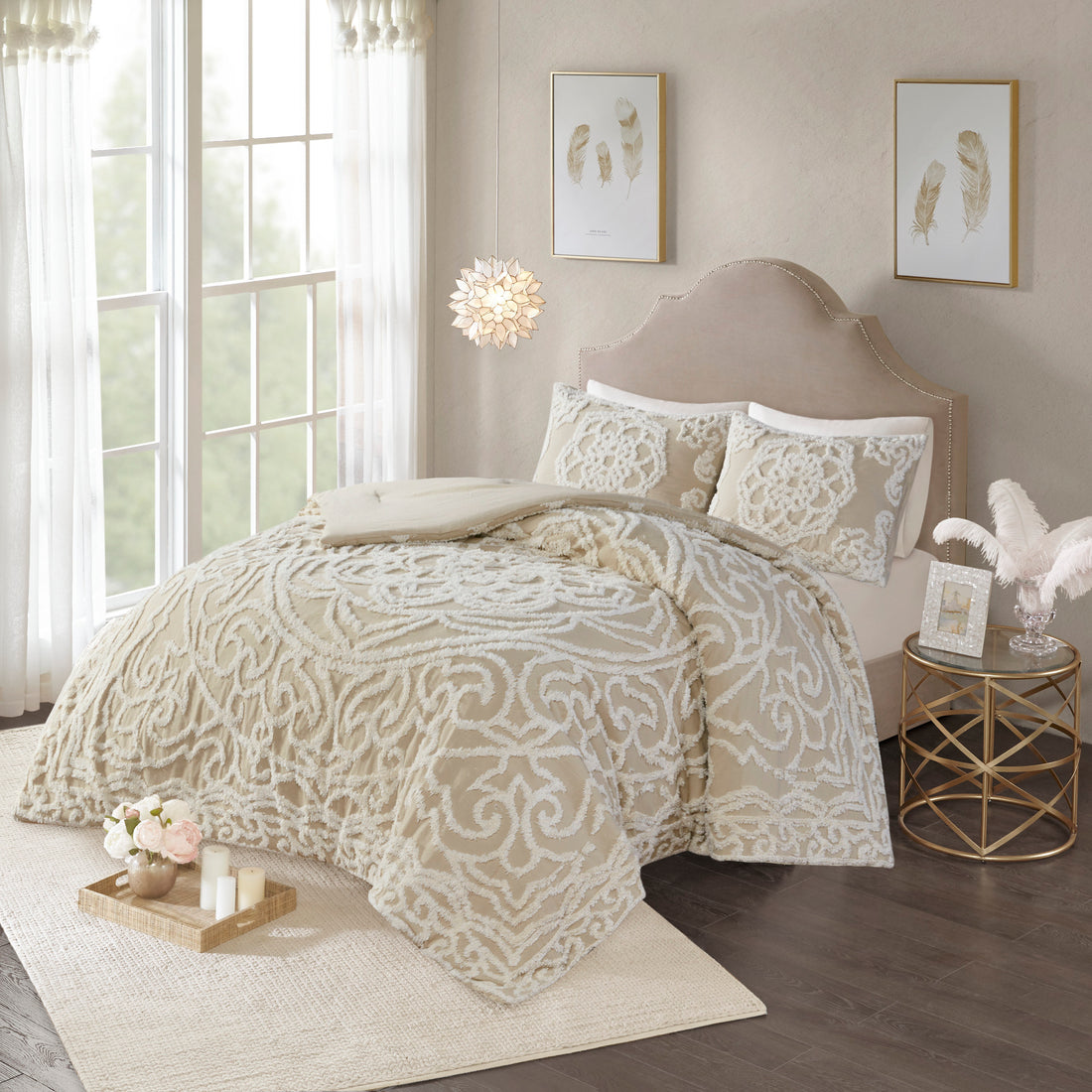 Tufted Cotton Chenille Medallion Comforter Set Taupe King Cal King King Taupe Polyester