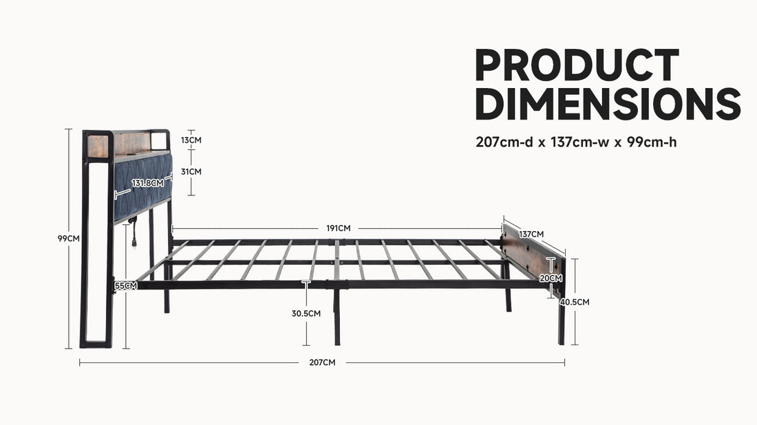 Black Full Metal Bed Frame With Upholstered Headboard And Footboard And Iron Slats, Rustic Bed Base, Heavy Duty Platform Bed Frame,12 Inch Underbed Storage No Springs Required Box Spring Required Full Black Dark Walnut Metal Brown Bedroom