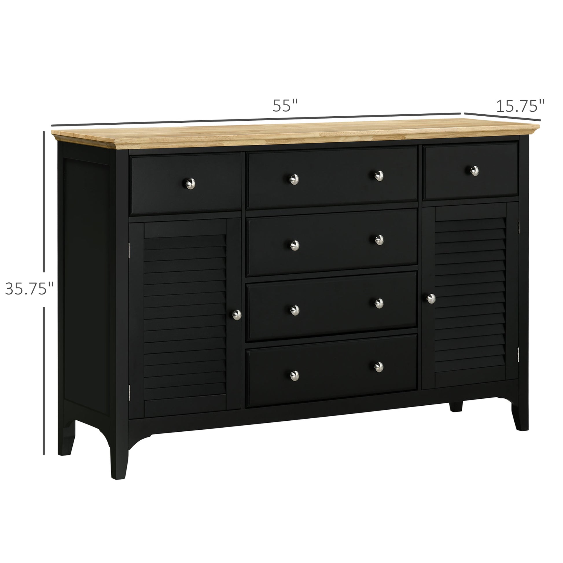 Homcom Sideboard Buffet Cabinet With Storage Drawers, Rubber Wood Top And Adjustable Shelves, Kitchen Cabinet Coffee Bar Cabinet, Black Black Mdf