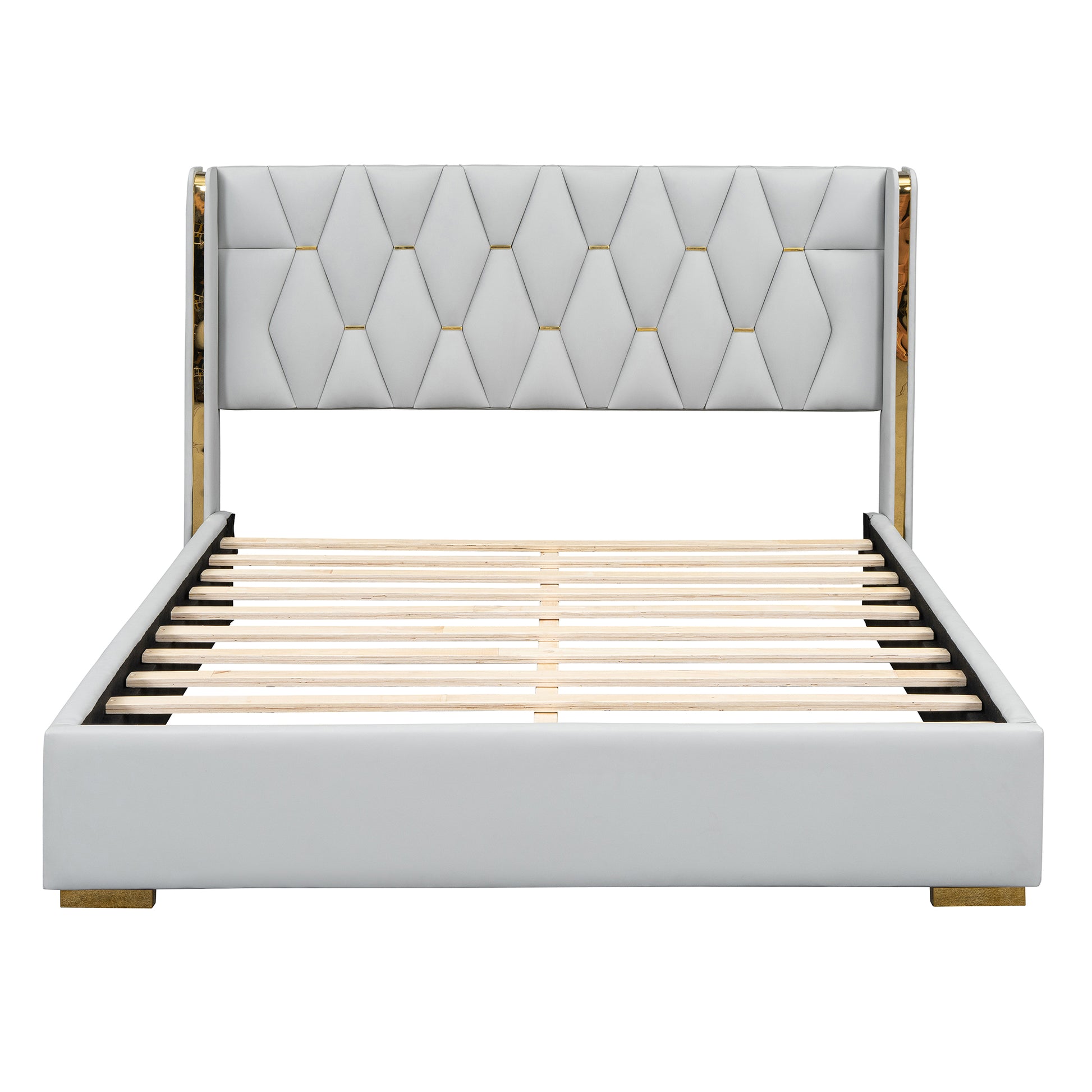 Full Size Upholstered Platform Bed With Metal Strips, Off White Full Off White Pu