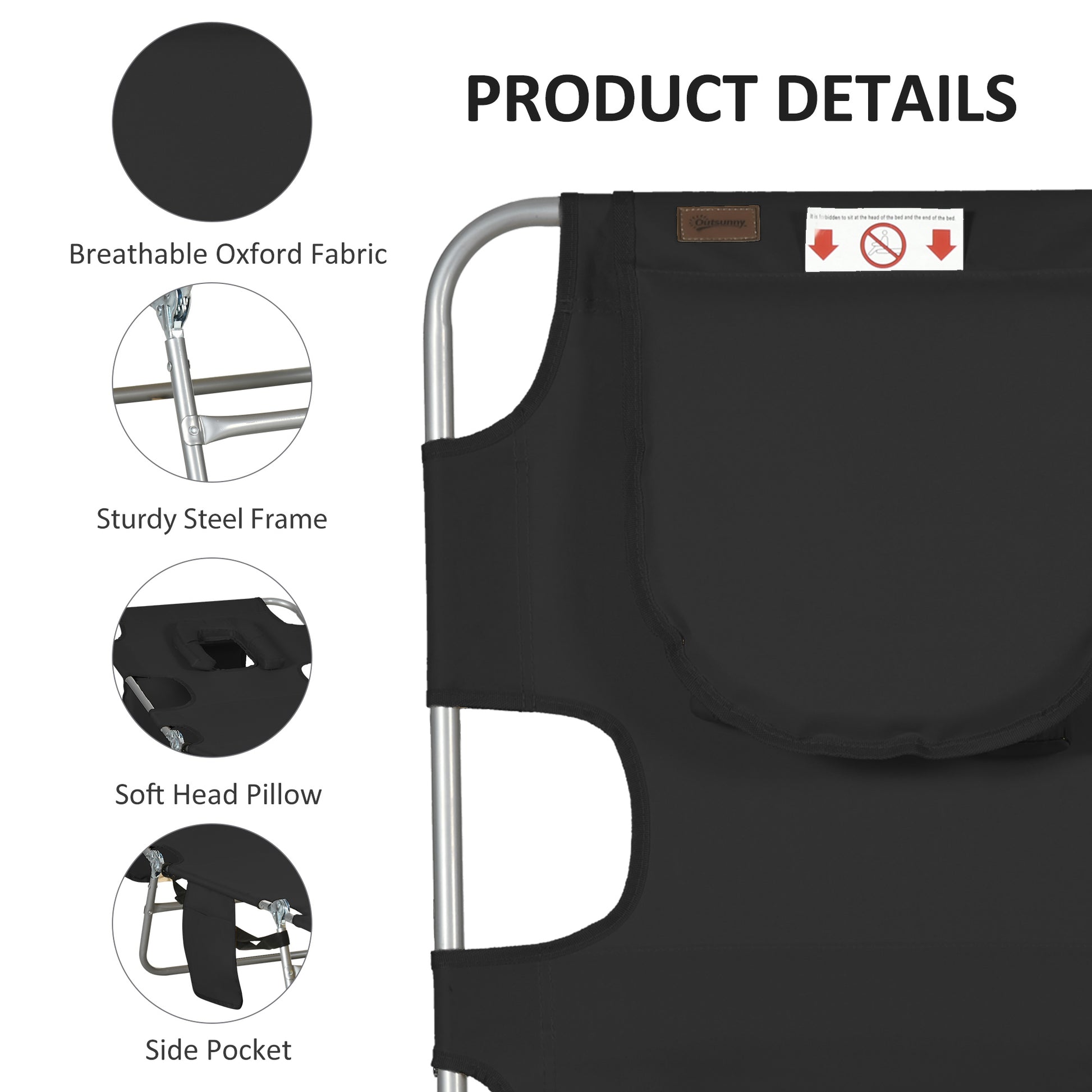 Outsunny Folding Beach Lounge Chair With Face Hole And Arm Slots, 5 Level Adjustable Sun Lounger Tanning Chair With Pillow For Patio, Garden, Beach, Pool, Black Black Oxford Fabric