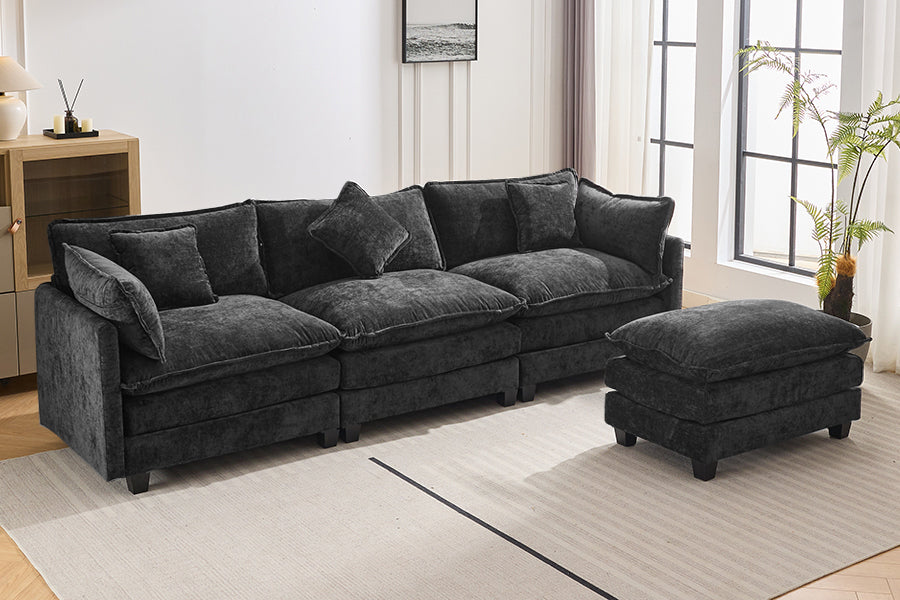 112.2" L Shape Chenille Upholstered Sofa For Living Room Modern Luxury Sofa Couch With Ottoman And 5 Pillows For Living Room Sg001160Aa , Black Black Foam 4 Seat