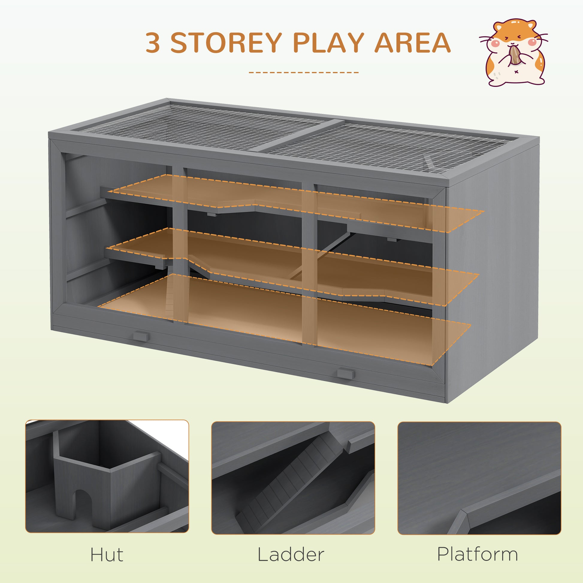 Pawhut Extra Large Wooden Hamster Cage, Gerbil Cage, And Other Small Animal Habitat, Hamster Habitat With Opening Roof, Hut, Ramps, Gray Gray Wood