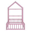 Wooden Floor Bed With Fence Railings And Detachable House Shape Headboard, Twin Size Bed With Kids Dress Up Rack, Kids Montessori Style Playhouse Frame For Girls Boys, Pink Twin Pink Wood