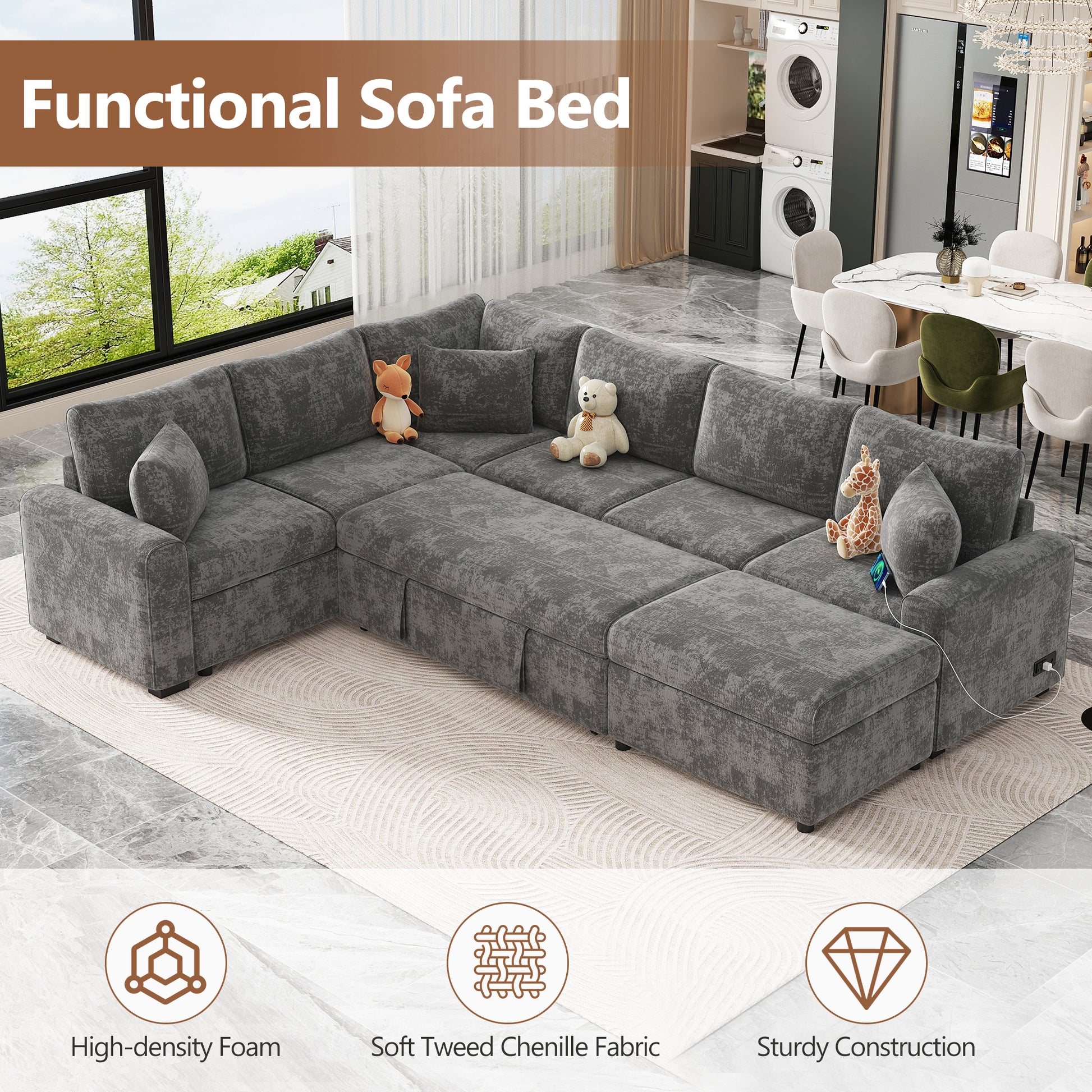 112.2" Sectional Sofa Pull Out Sofa Bed Sleeper With A Storage Ottoman,Three Pillows And Charging Devices For Living Room, Grey Grey Foam Chenille 6 Seat