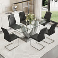 Table And Chair Set, Large Modern Rectangular Glass Table, Can Accommodate 6 8 People, Equipped With A 0.39 Inch Tempered Glass Tabletop And Large Mdf Table Legs, Comfortable And Soft Chairs. Transparent Mdf Glass
