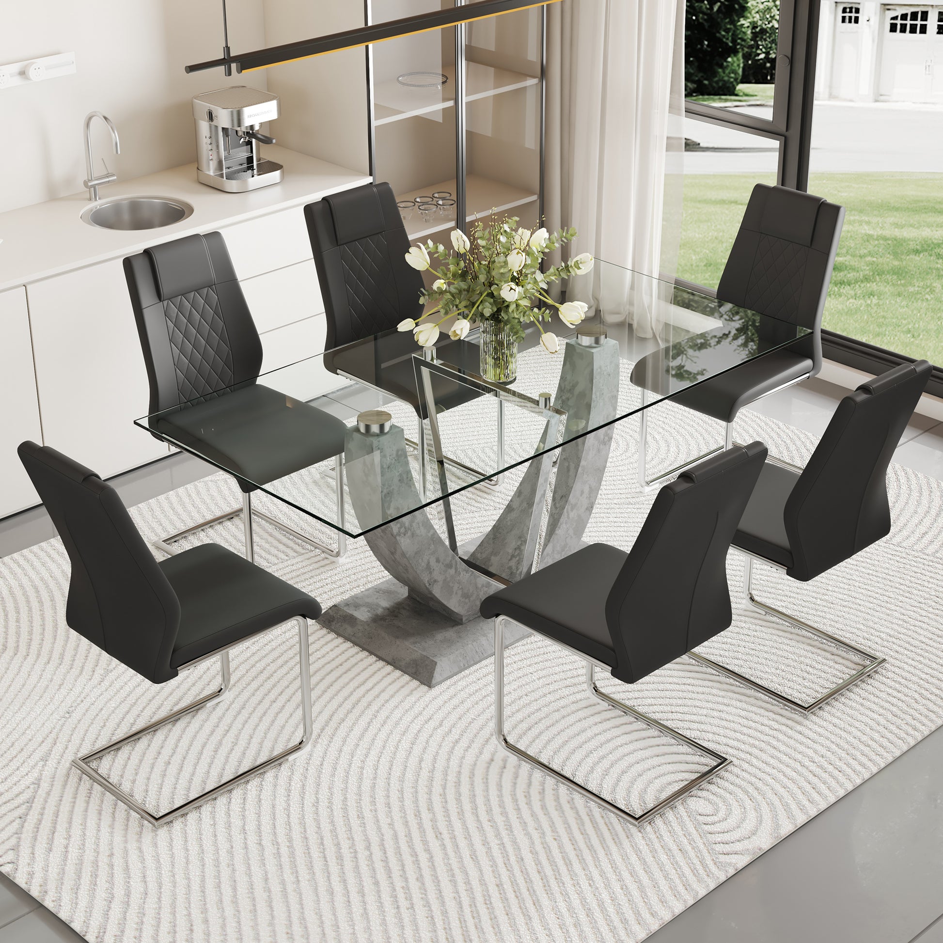 Table And Chair Set, Large Modern Rectangular Glass Table, Can Accommodate 6 8 People, Equipped With A 0.39 Inch Tempered Glass Tabletop And Large Mdf Table Legs, Comfortable And Soft Chairs. Transparent Mdf Glass
