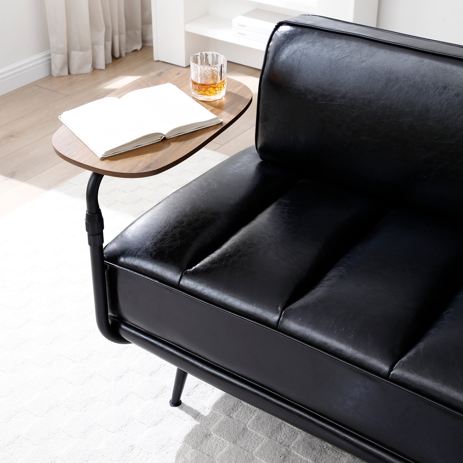 55"Inch Width Modern End Of Bed Bench,Black Faux Leather Upholstered With Side Table, 360 Degree Swivel Tray Couch,Entryway Ottoman,Window Bench With Metal Legs For Bedroom, Living Room Black Faux Leather Wood Primary Living Space Modern Foam Pu Leather