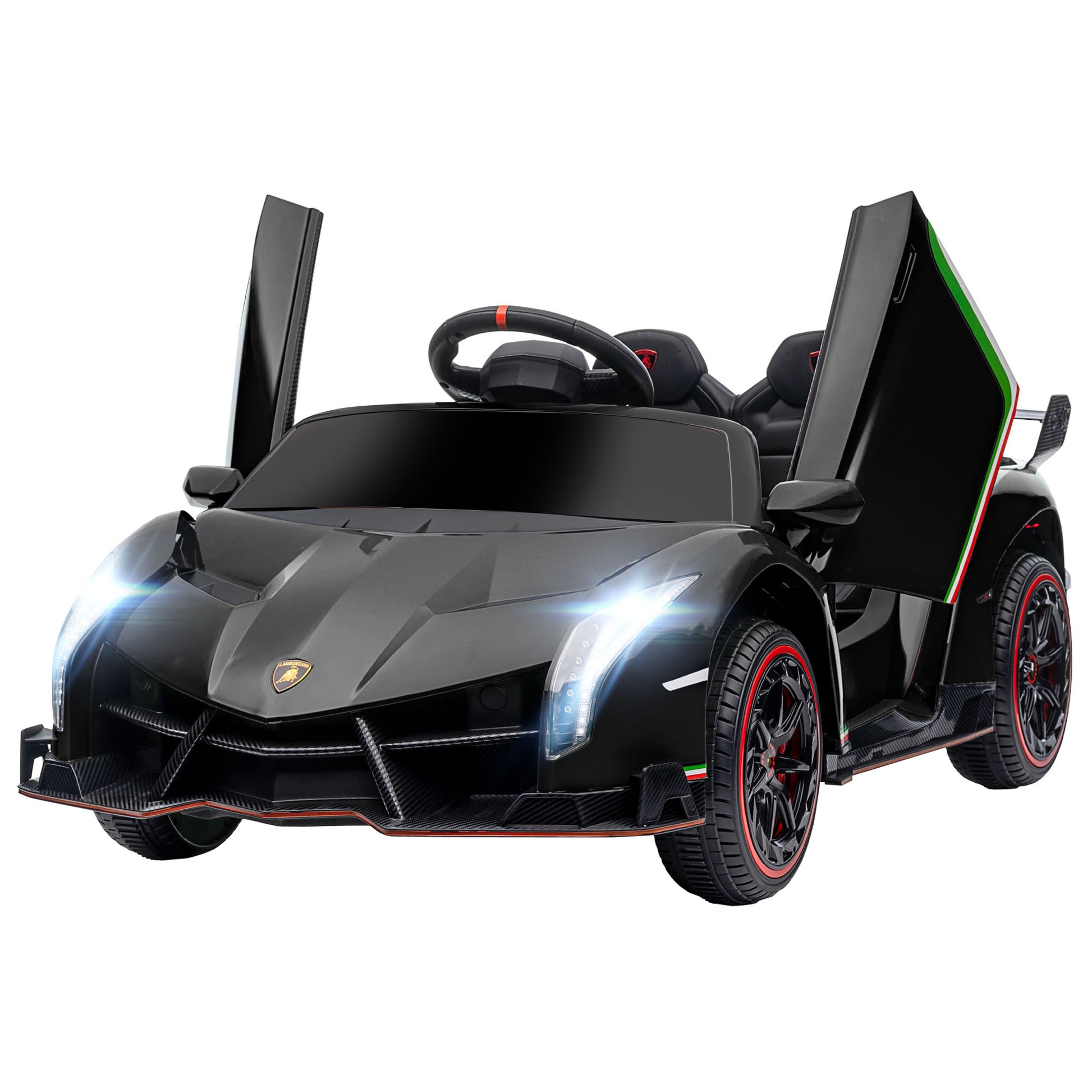 Aosom Lamborghini Veneno Licensed Kids Electric Car With Bluetooth, 12V Ride On Car With Butterfly Doors, Remote Control, Portable Battery, Suspension System, Horn, Songs, Lights, Black Black Plastic