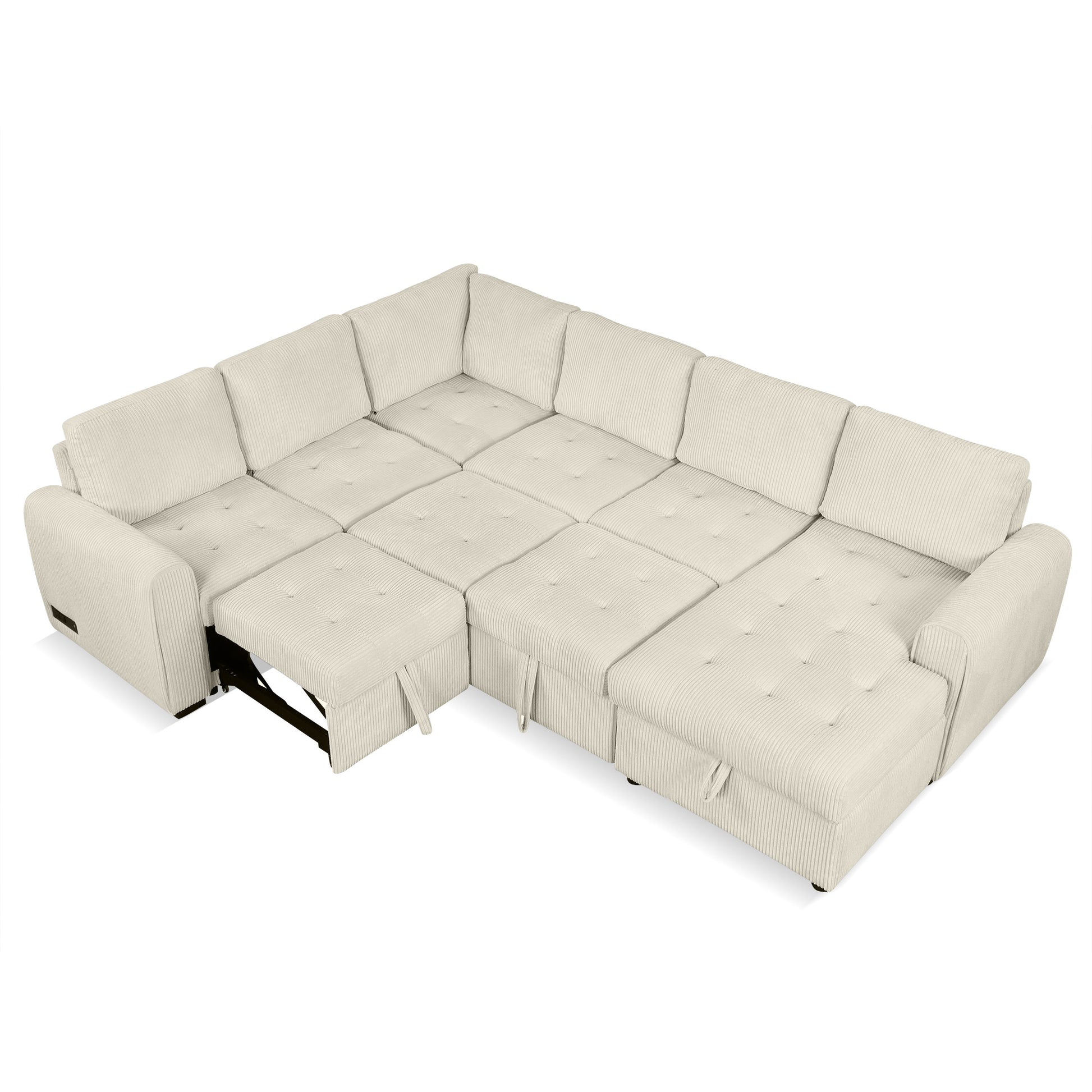 107.5" U Shaped Sofa Sectional Sofa Pull Out Sofa Bed With A Storage Chaise Lounge, Charging Devices For Living Room, Beige Beige Foam Corduroy 5 Seat