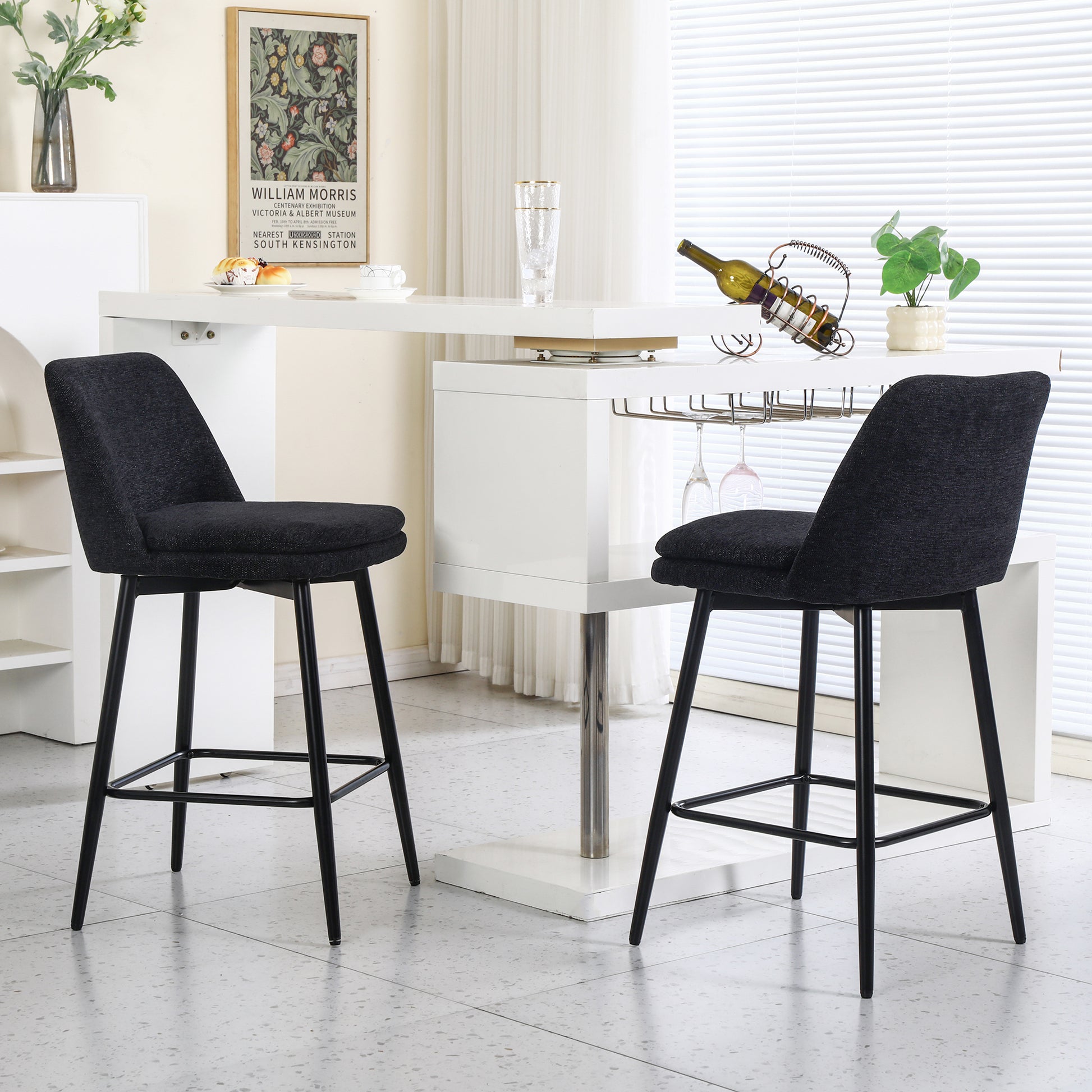 Counter Height Swivel Bar Stools Set Of 2, 360 Swivel Upholstered Barstools With Back And Metal Legs, 25.6" Seat Height,Counter Stools For Kitchen Island And Pub,Linen Cloth,Black Linen. Black Set