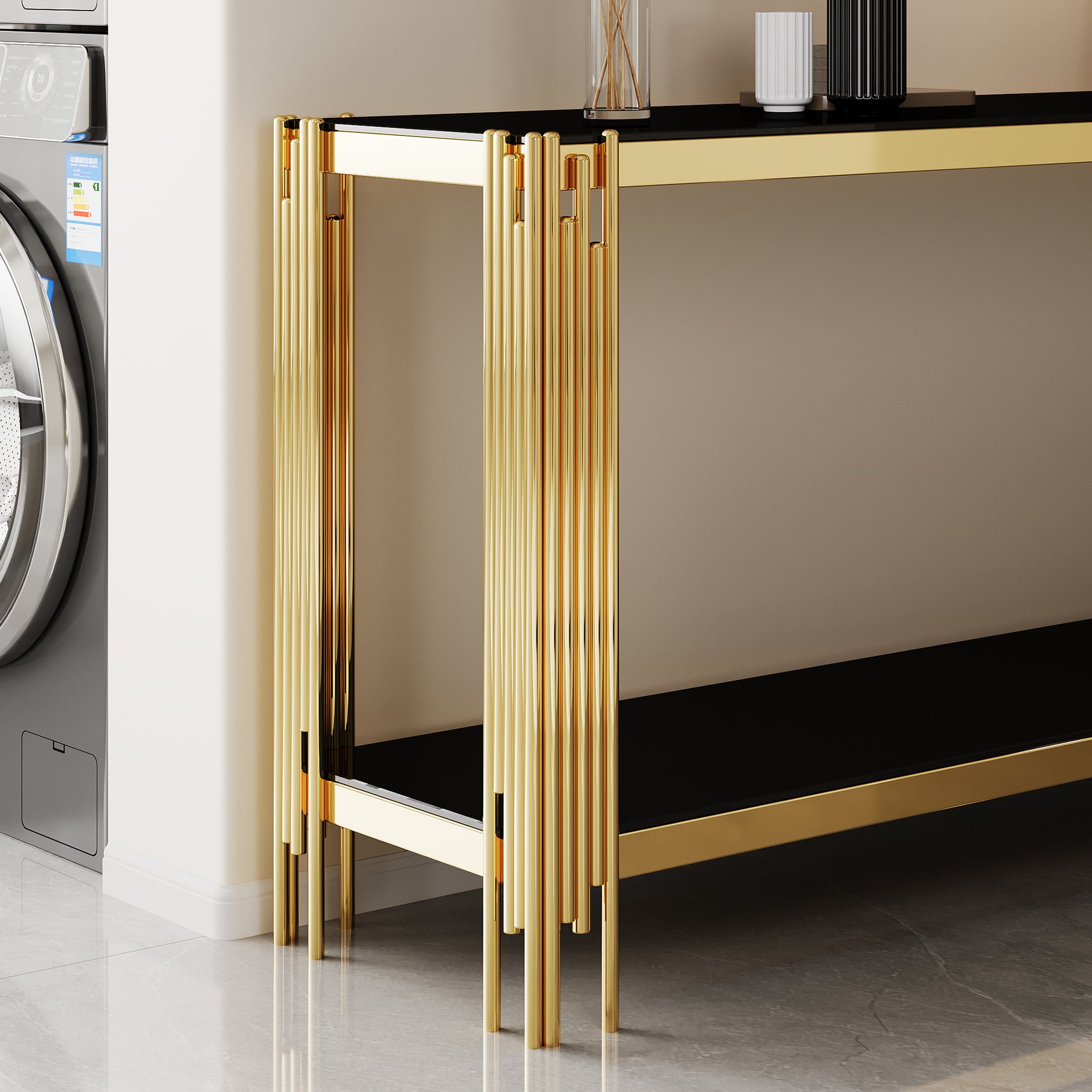 Modern Tempered Glass Top Console Table With Gold Stainless Steel Frame Gold Metal