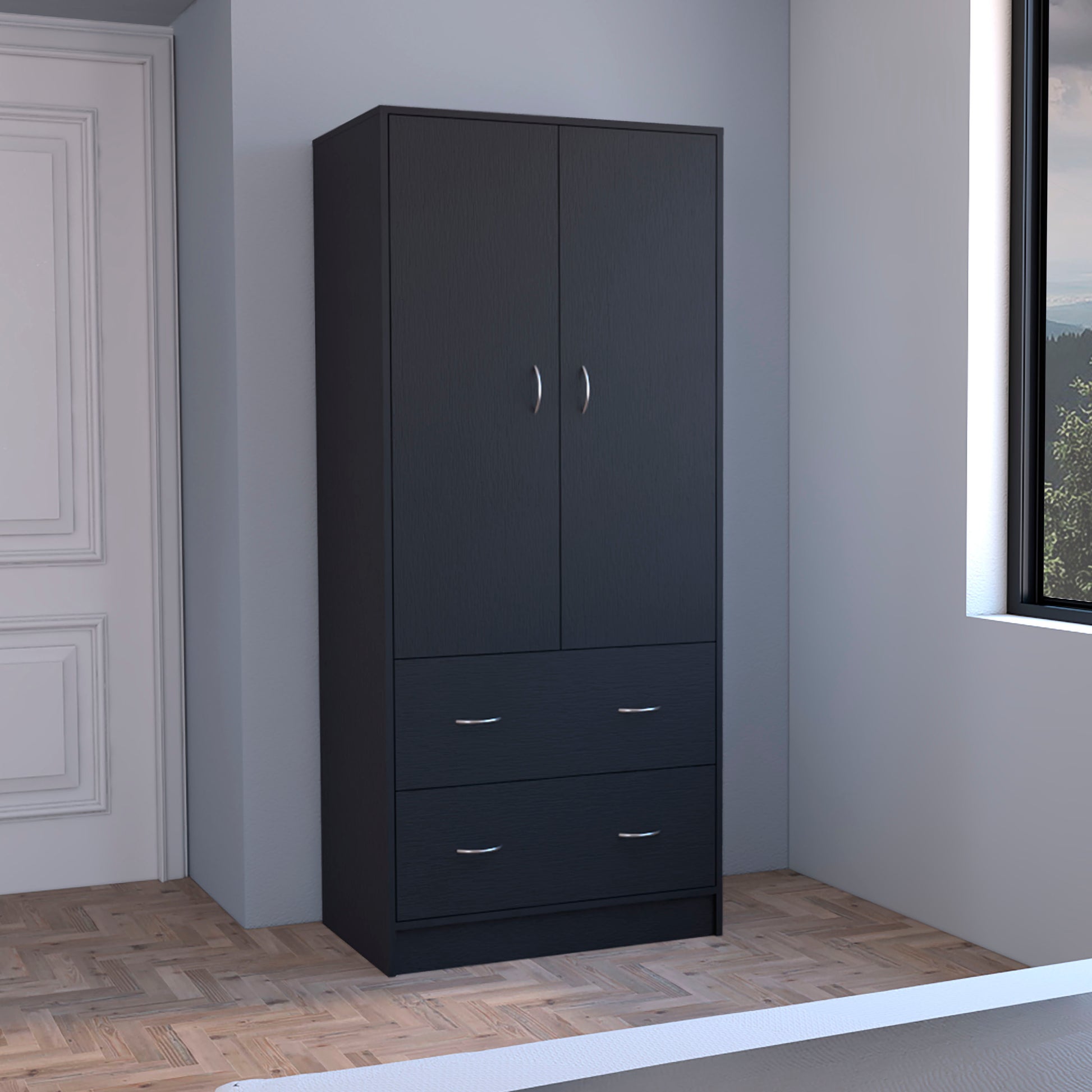 Taly Armoire With Double Doors, 2 Drawers, And Hanging Rod Black Black Particle Board